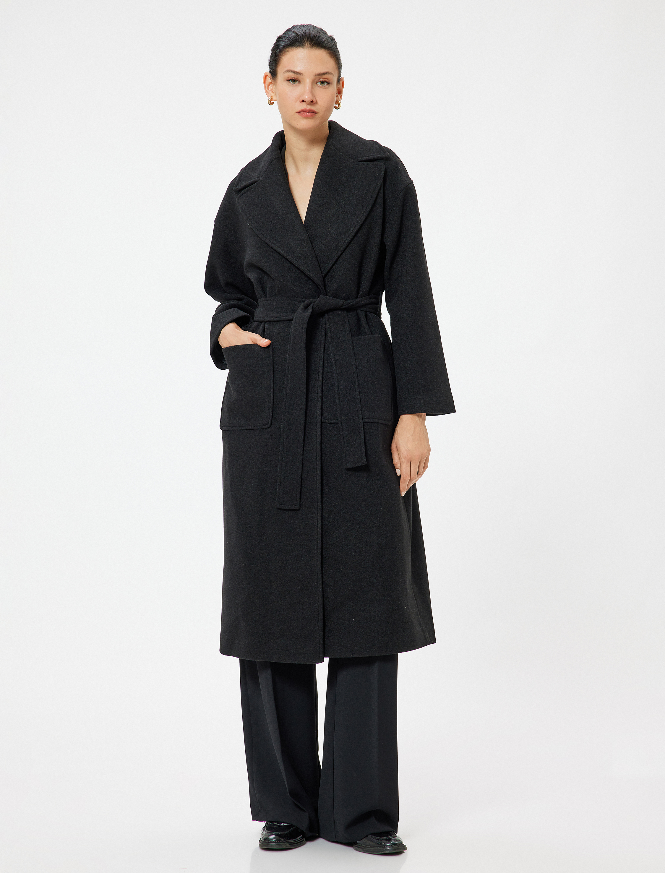   Kemer Detaylı Kruvaze Uzun Kaşe Kaban