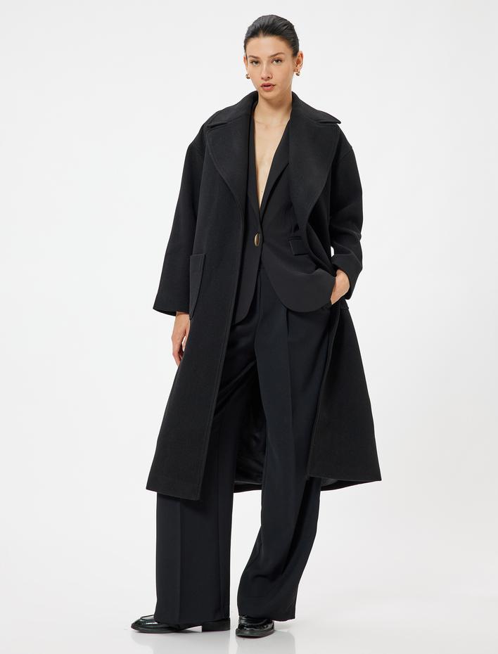  Kemer Detaylı Kruvaze Uzun Kaşe Kaban