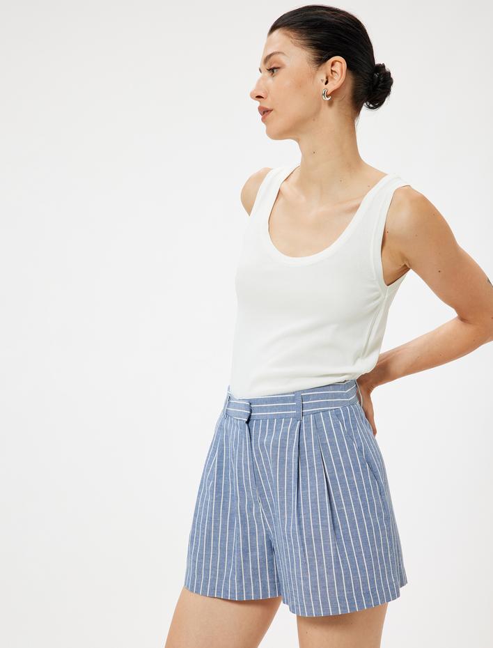  Keten Karışımlı Mini Şort Pile Detaylı Cepli