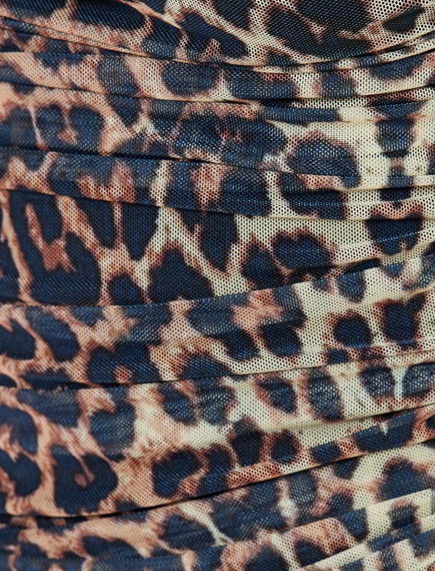   Leopar Desenli Crop Üst Tül Drapeli