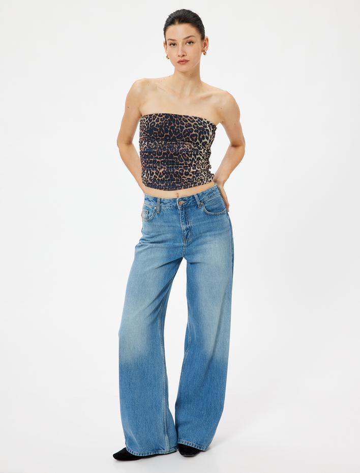  Leopar Desenli Crop Üst Tül Drapeli