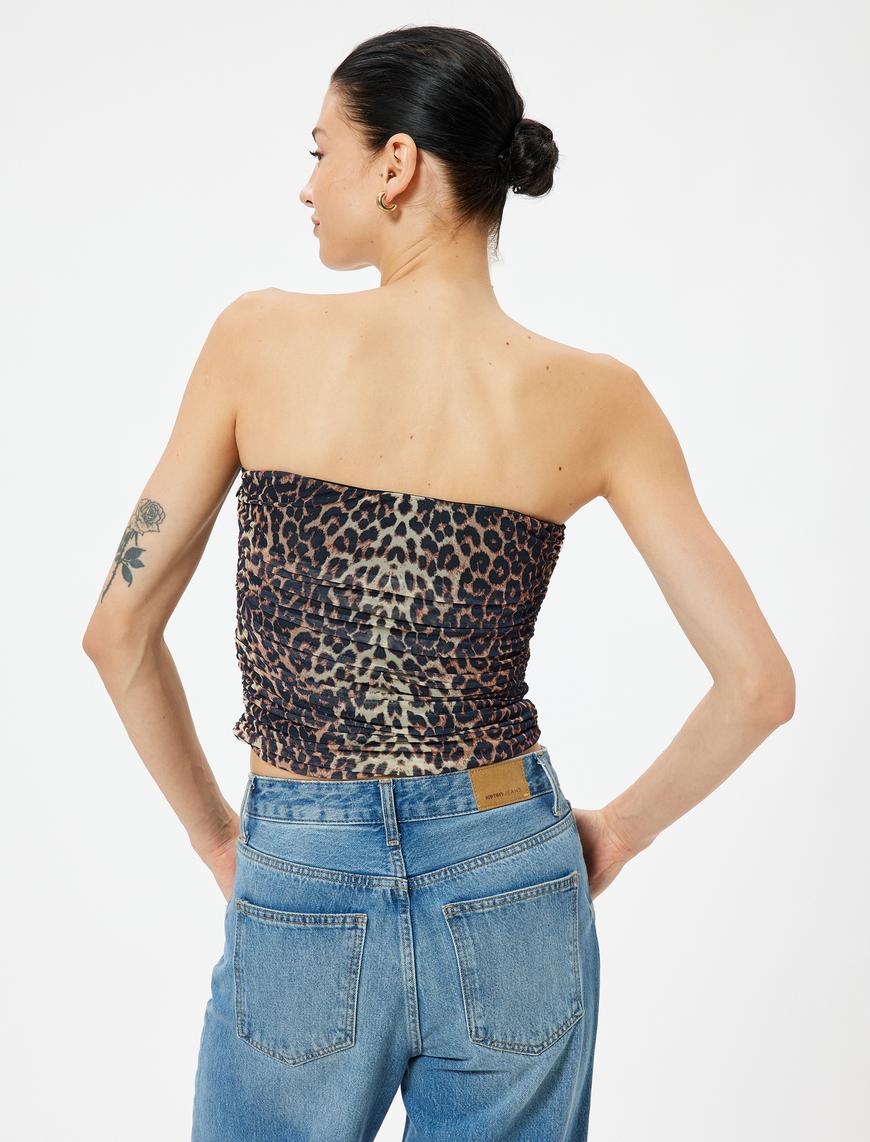   Leopar Desenli Crop Üst Tül Drapeli