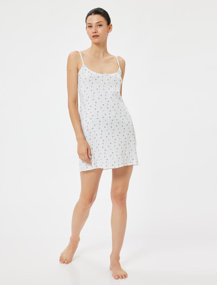  Kiraz Baskılı İnce Askılı Mini Gecelik Skinny Dokulu