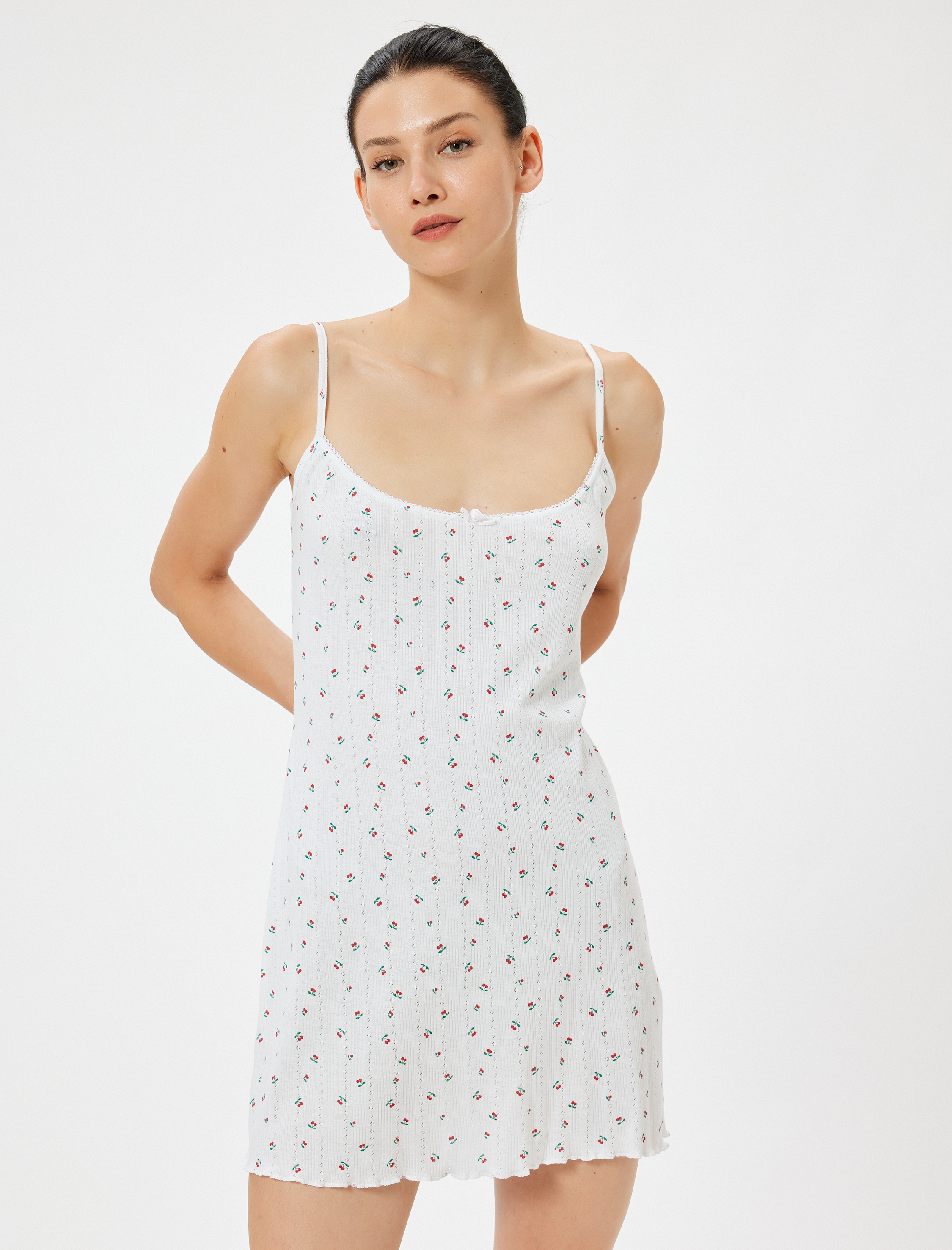   Kiraz Baskılı İnce Askılı Mini Gecelik Skinny Dokulu