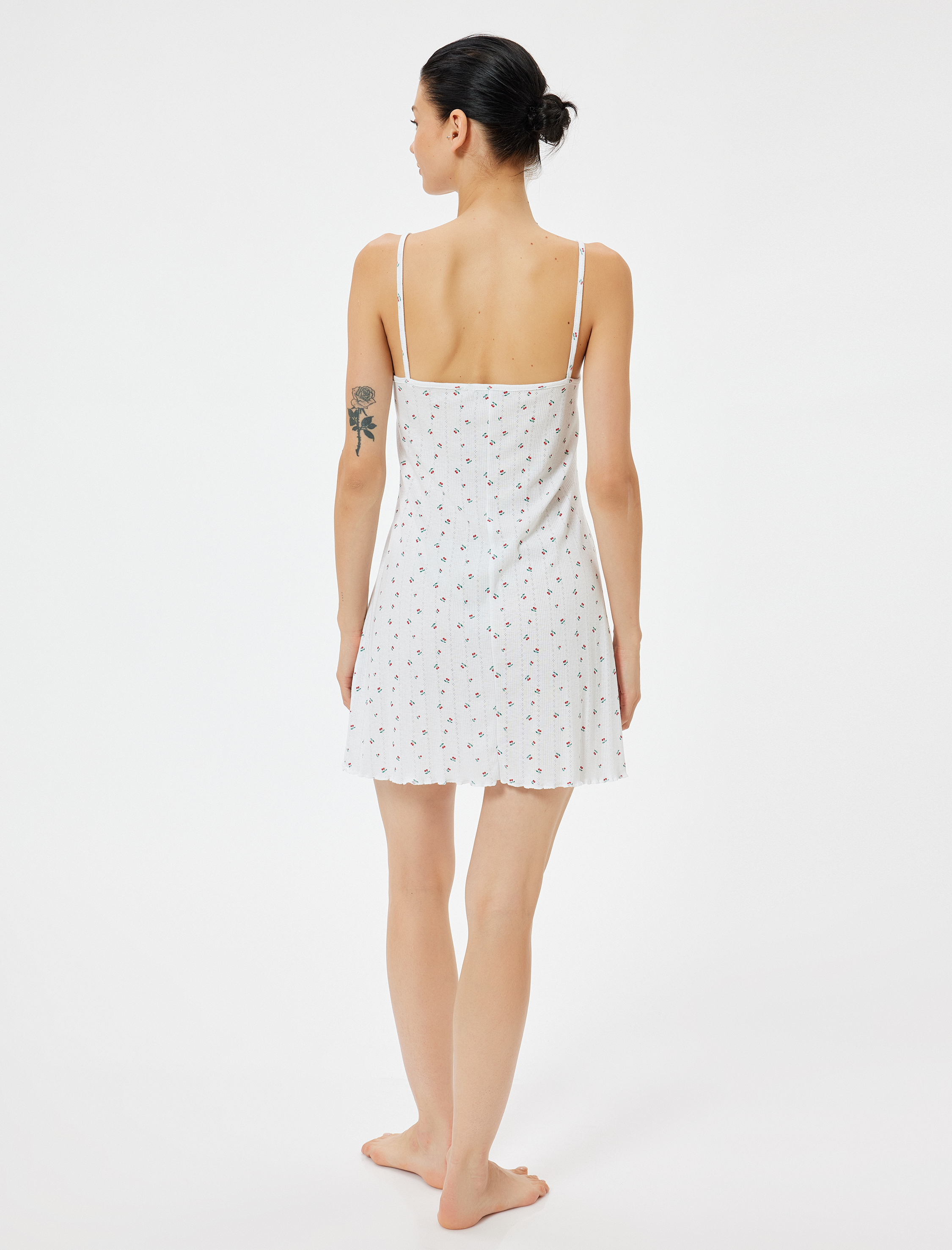   Kiraz Baskılı İnce Askılı Mini Gecelik Skinny Dokulu