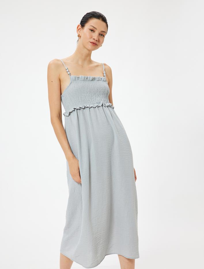  İnce Askılı Midi Boy Fırfırlı Elbise Gipeli Boncuk Detaylı