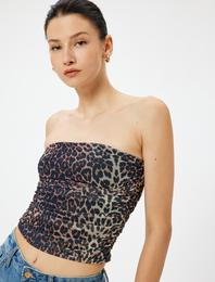 Leopar Desenli Crop Üst Tül Drapeli