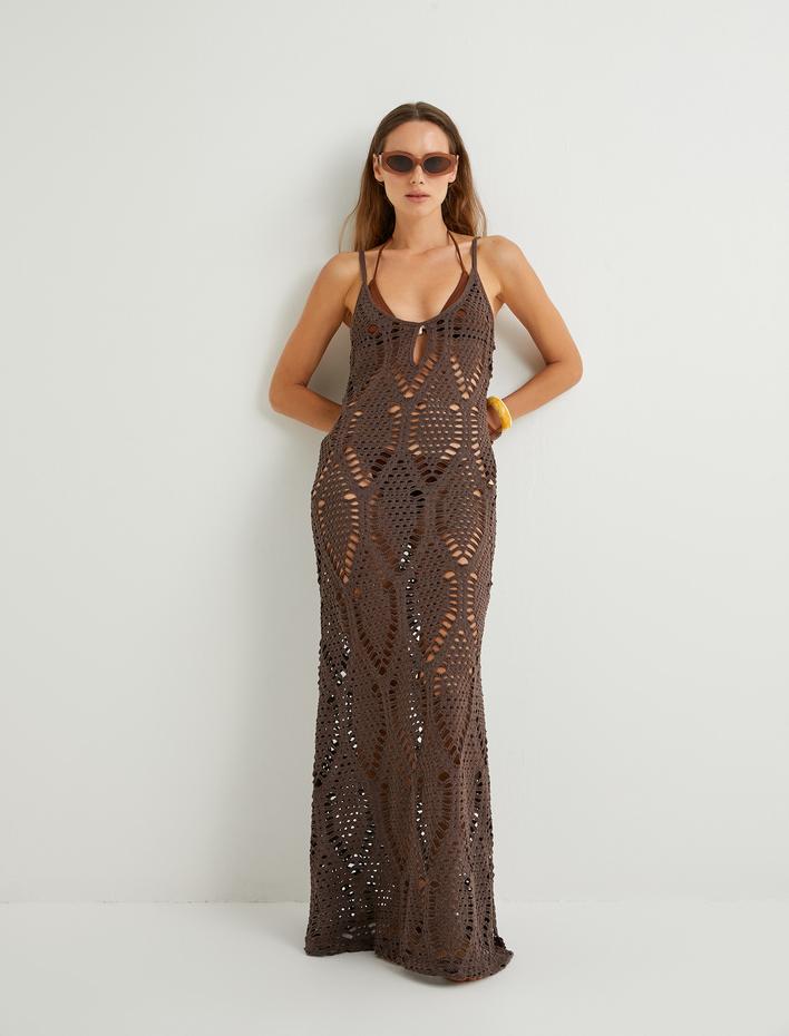  Koton X Şahika Ercümen - Uzun Kroşe Elbise Askılı Yırtmaç Detaylı Ajurlu