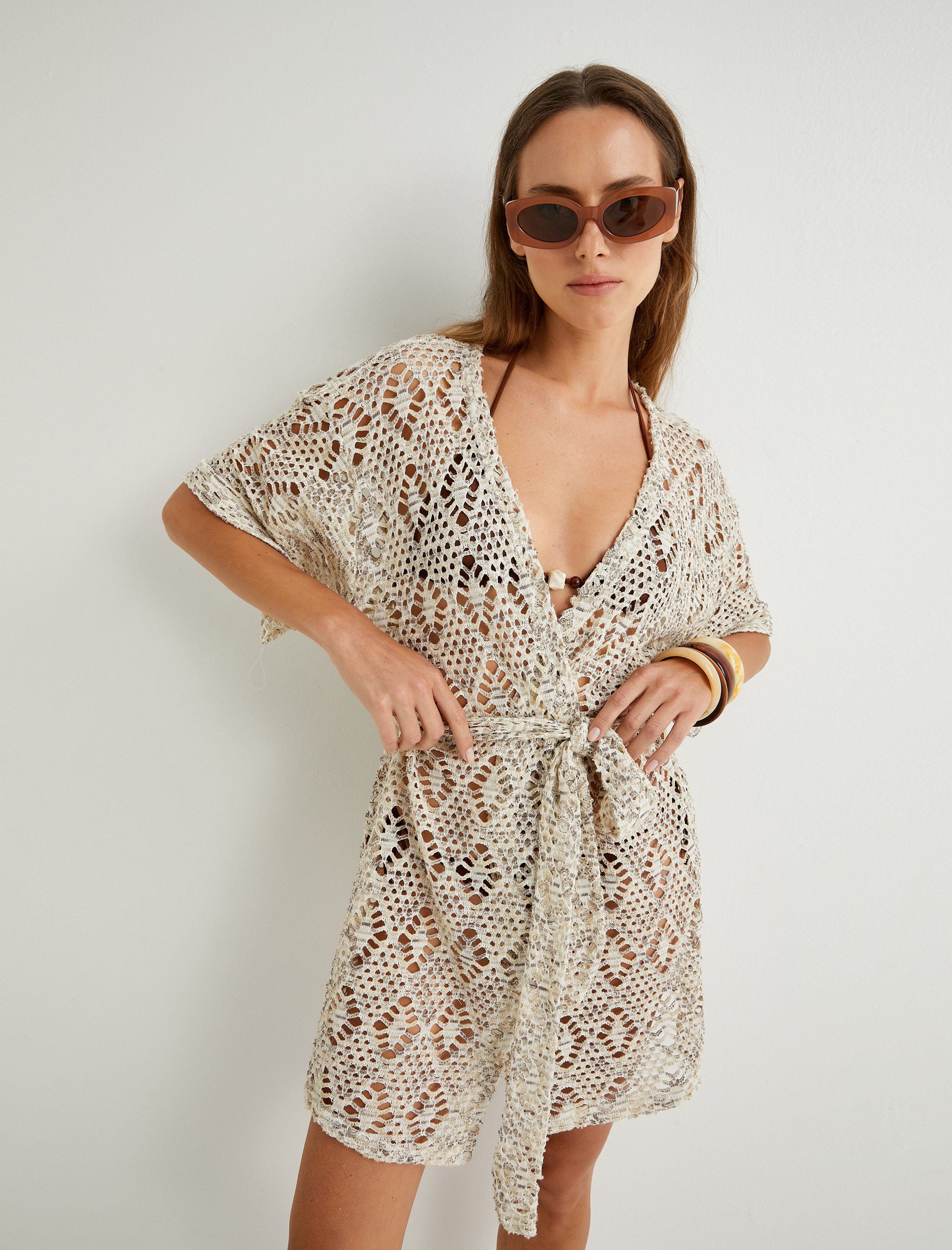   Koton X Şahika Ercümen - Kroşe Kimono Dirsek Boy Kısa Kollu Kemerli