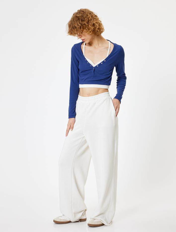  Uzun Kollu Düğmeli V Yaka Tişört