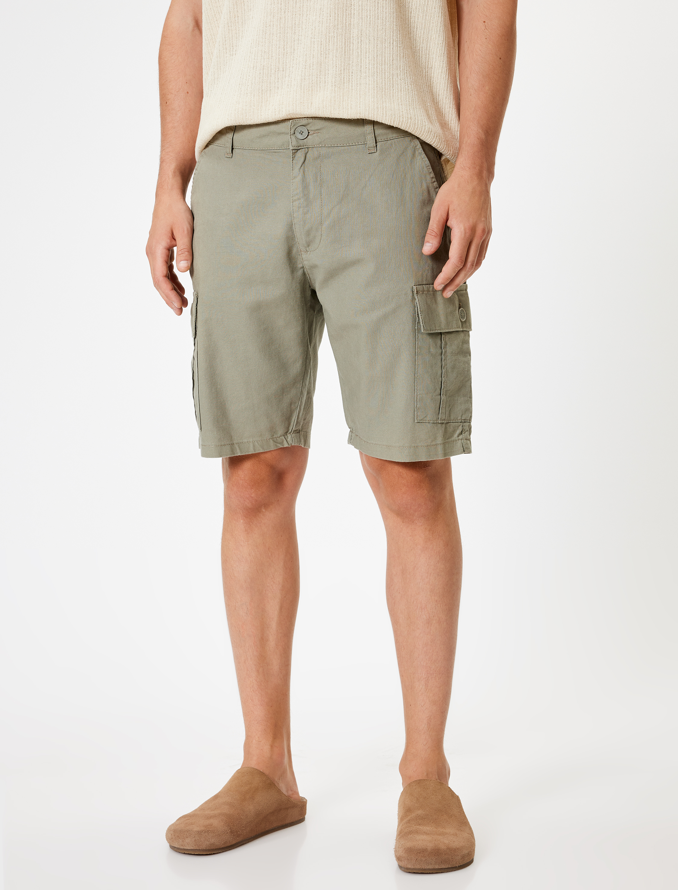   Keten Şort Kargo Cep Detaylı Bermuda