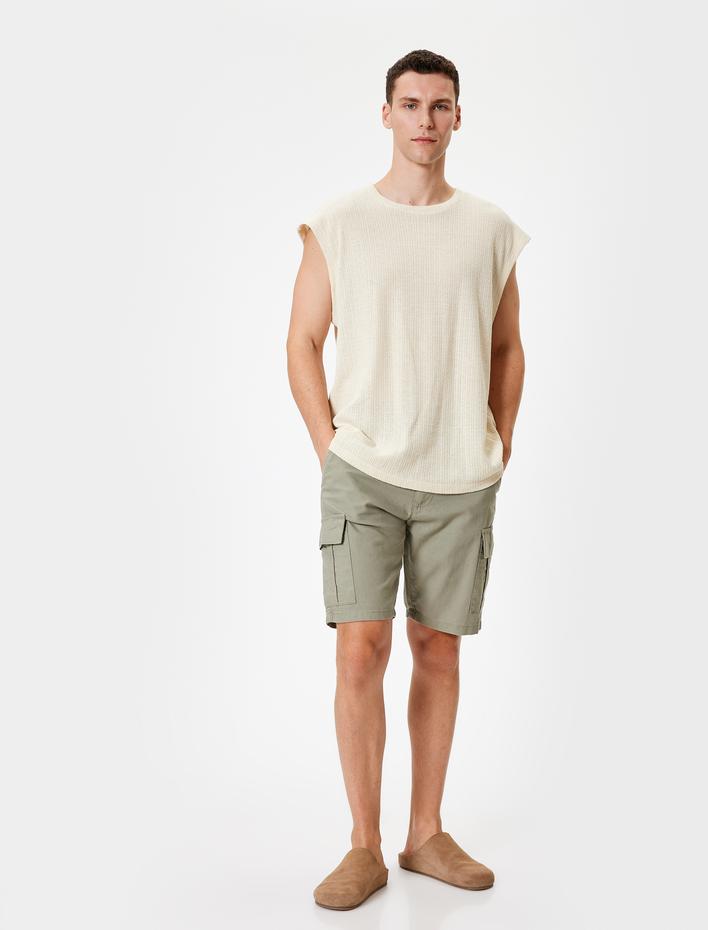  Keten Şort Kargo Cep Detaylı Bermuda