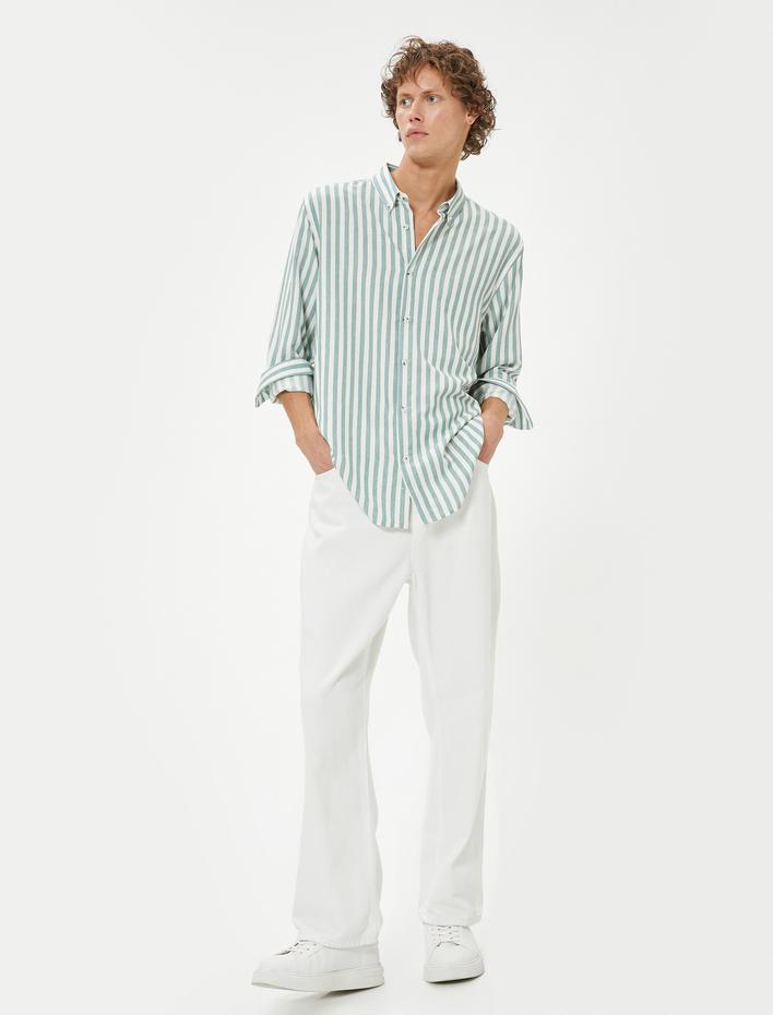  Uzun Kollu Düğmeli Yaka Çizgili Regular Fit Gömlek