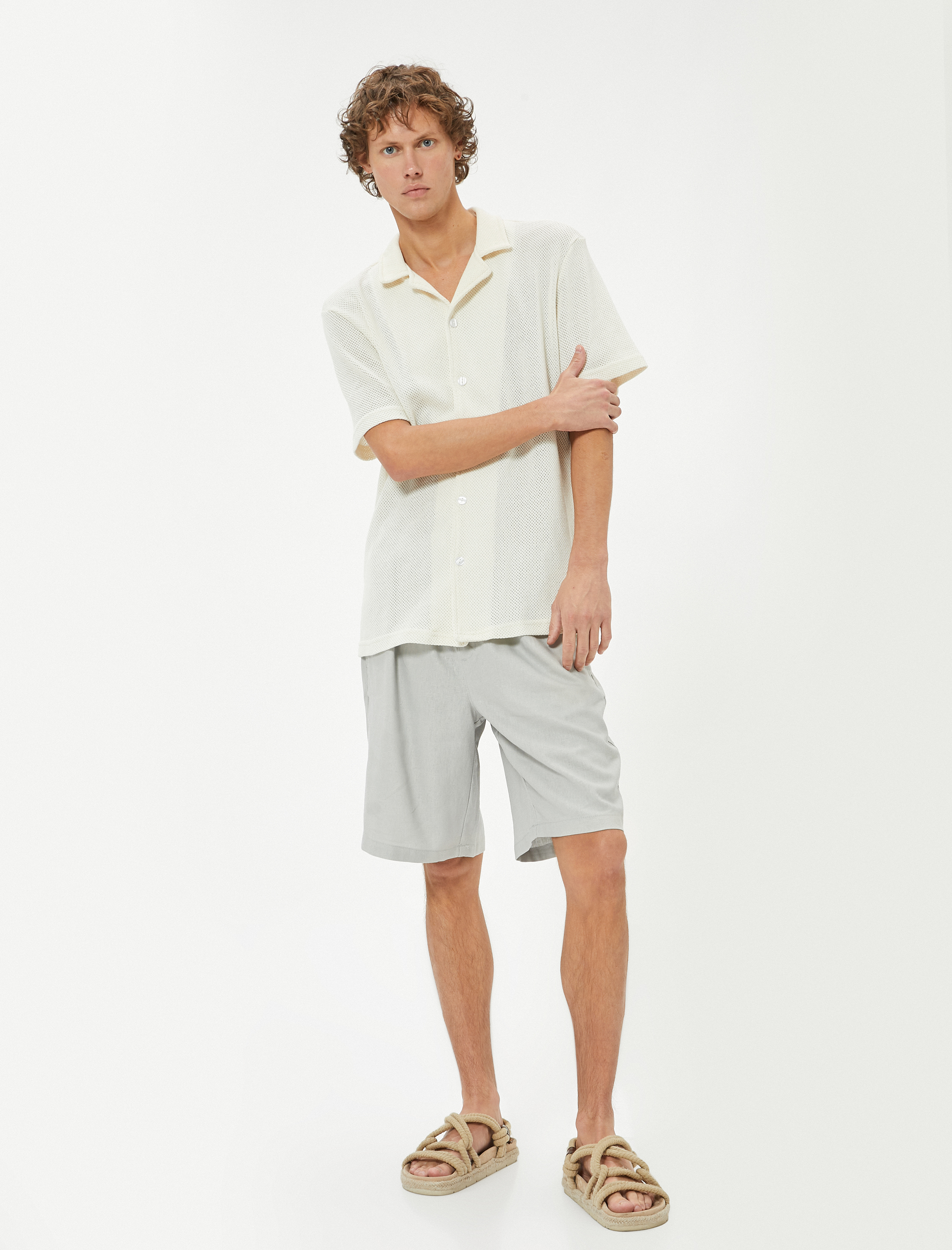   Oversize Şort Keten Bermuda Beli Bağcıklı Cep Detaylı