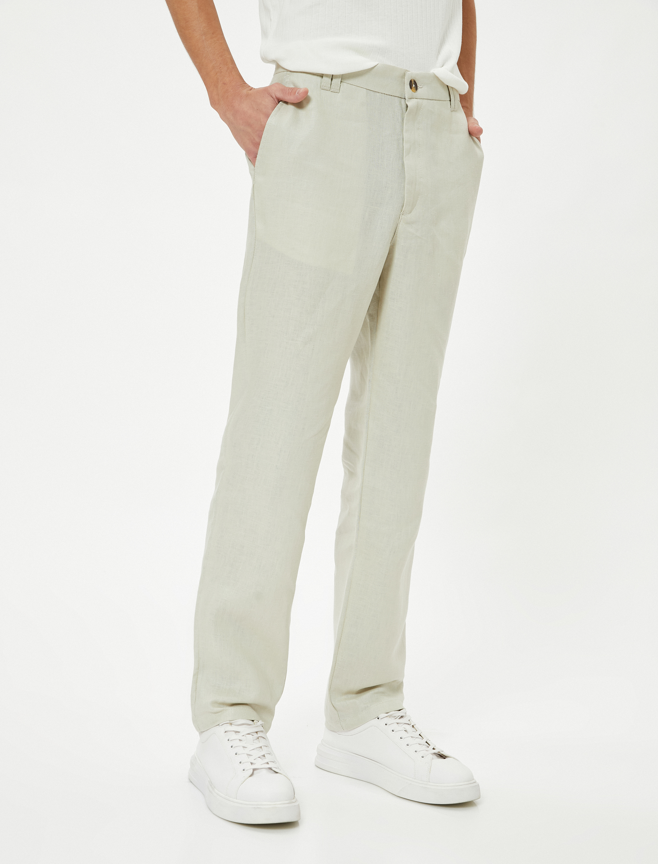   Keten Pantolon Slim Fit Chino Düğmeli Cep Detaylı