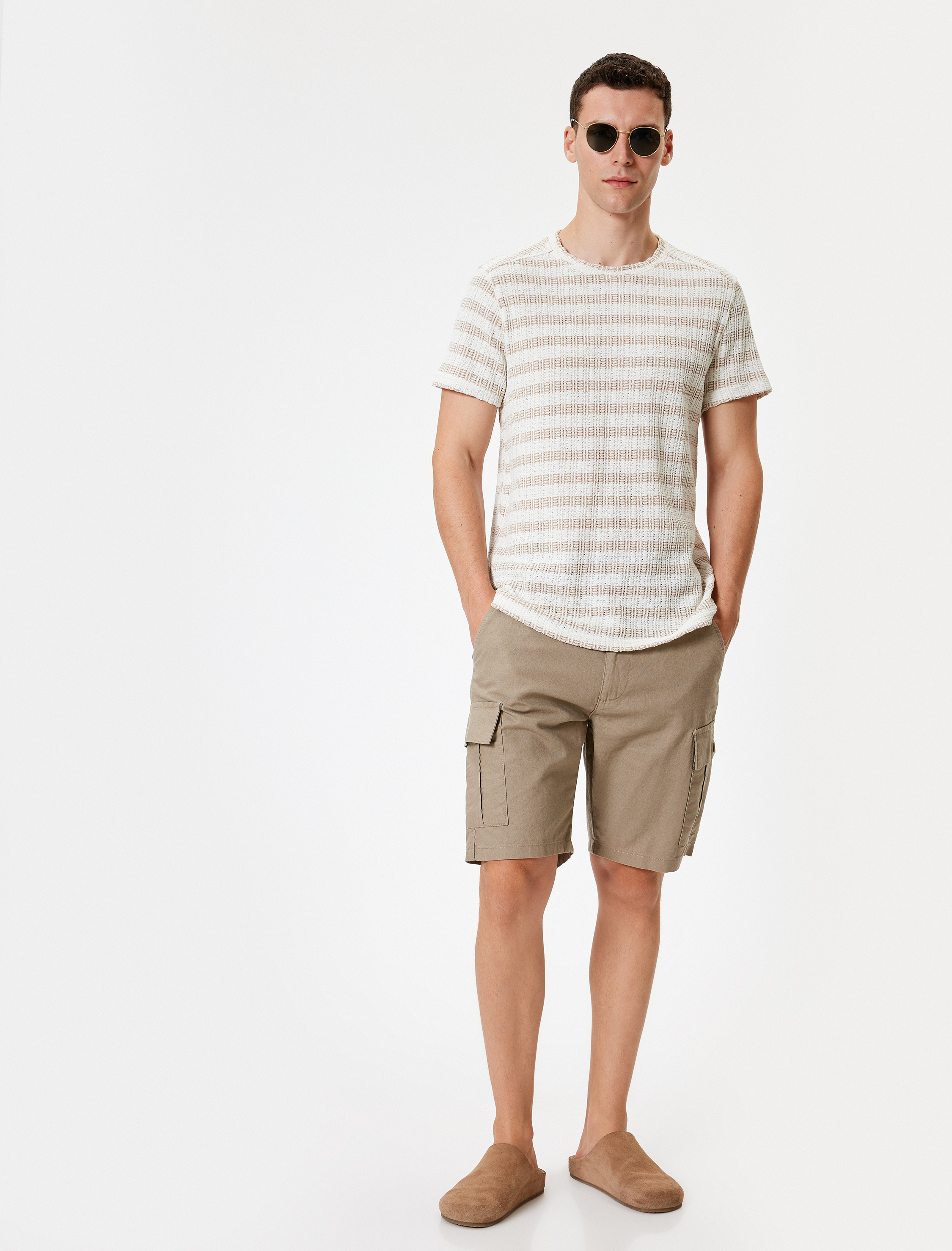   Keten Şort Kargo Cep Detaylı Bermuda