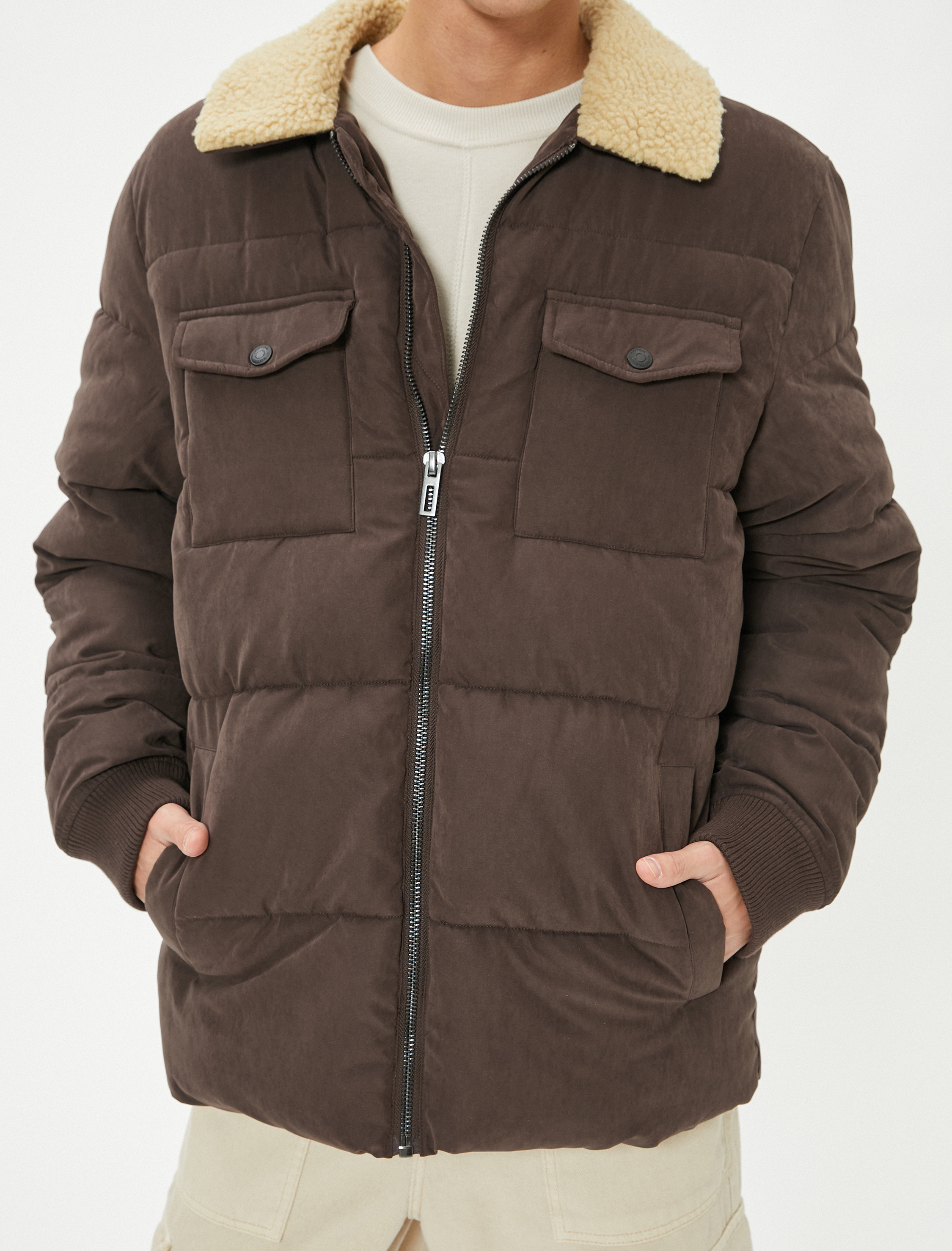   Slim Fit Şişme Mont Peluş Yaka Detaylı Fermuarlı