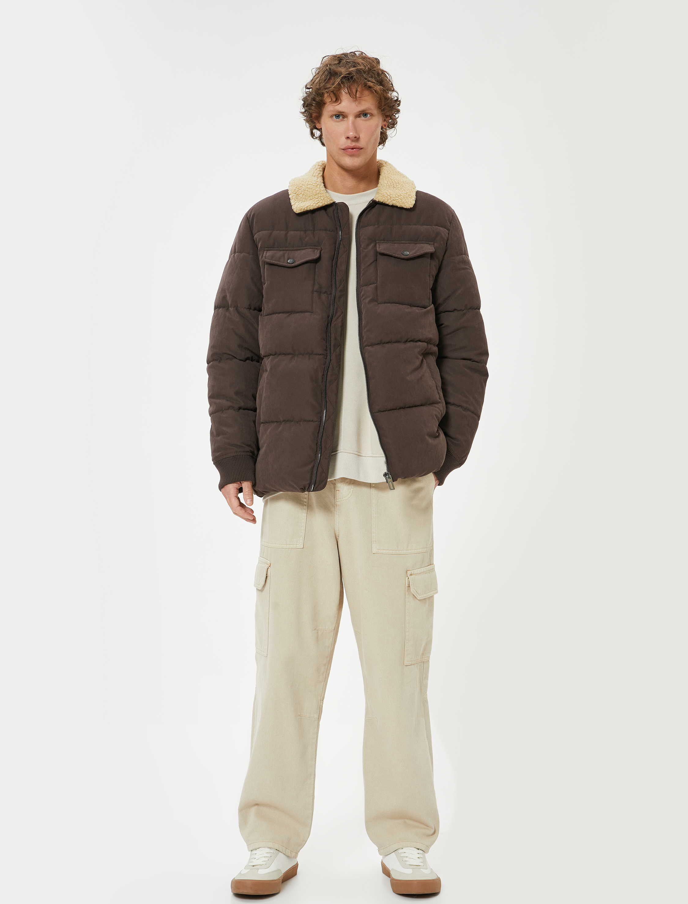   Slim Fit Şişme Mont Peluş Yaka Detaylı Fermuarlı