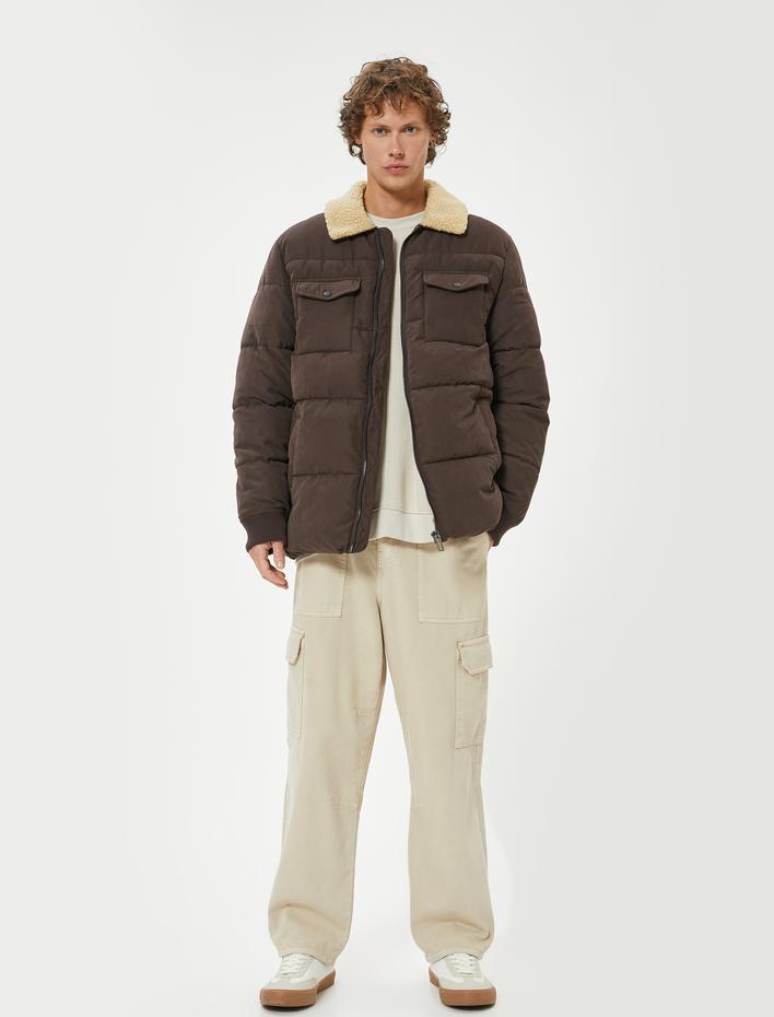  Slim Fit Şişme Mont Peluş Yaka Detaylı Fermuarlı