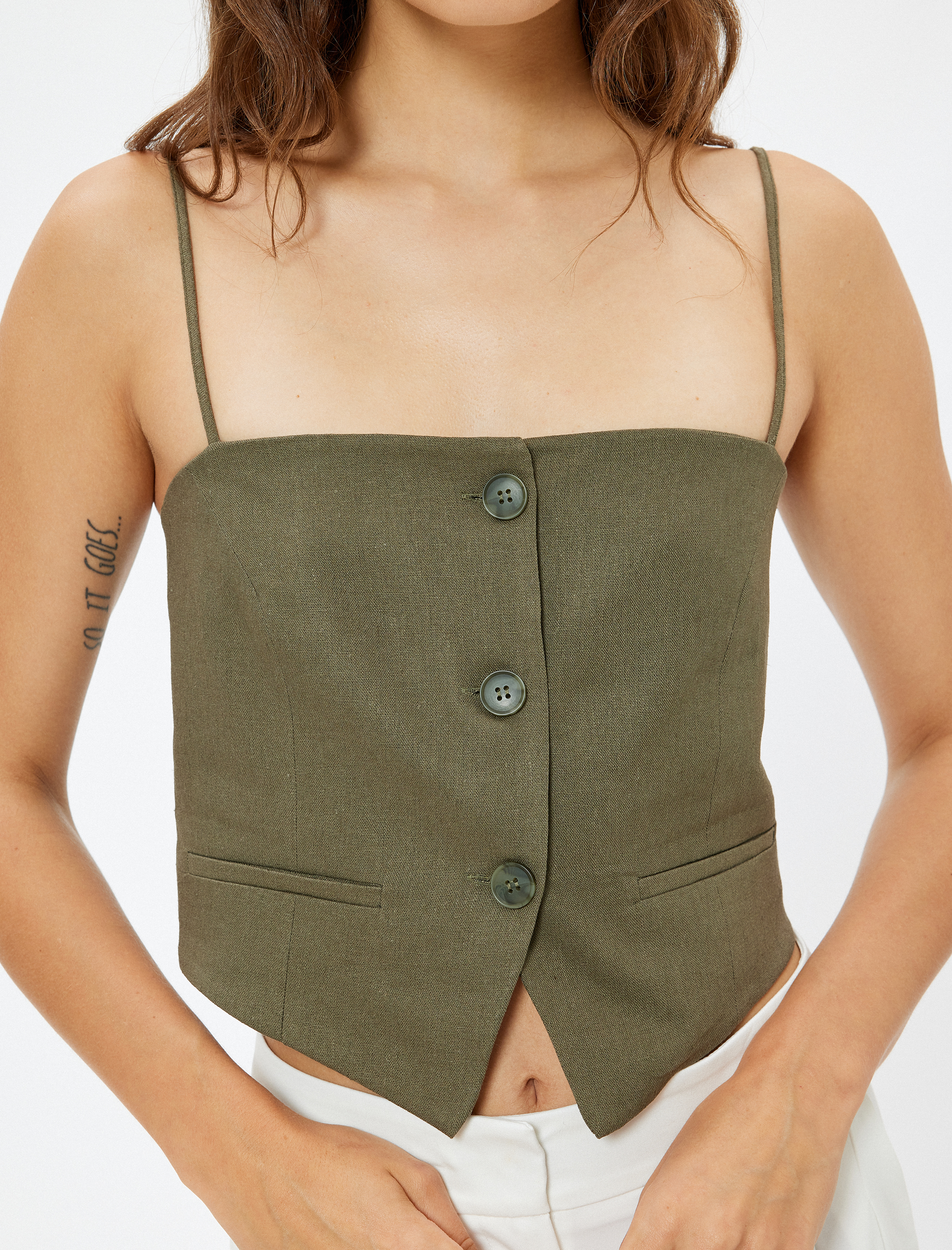   Keten Askılı  Crop Yelek Düğmeli Asimetrik