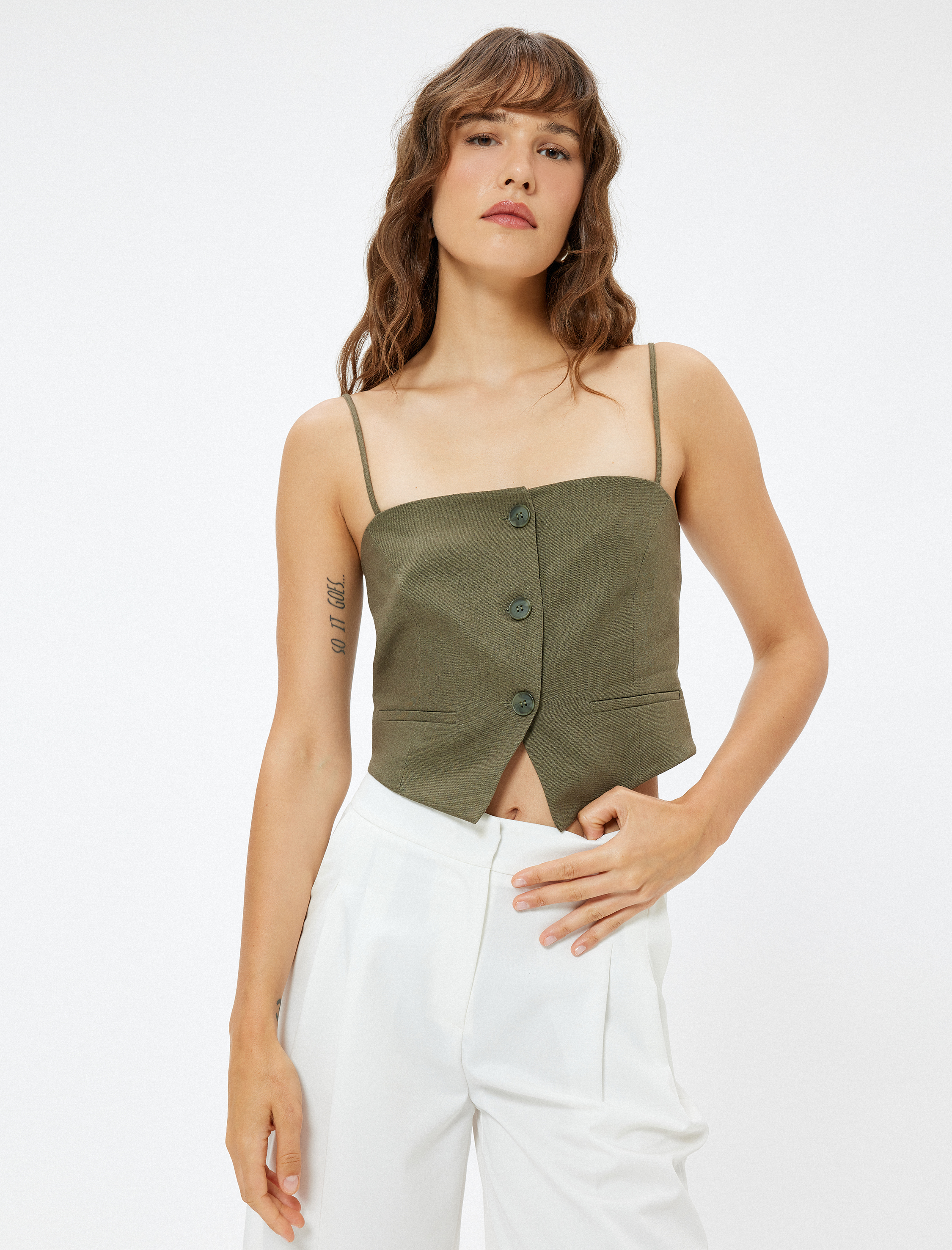   Keten Askılı  Crop Yelek Düğmeli Asimetrik