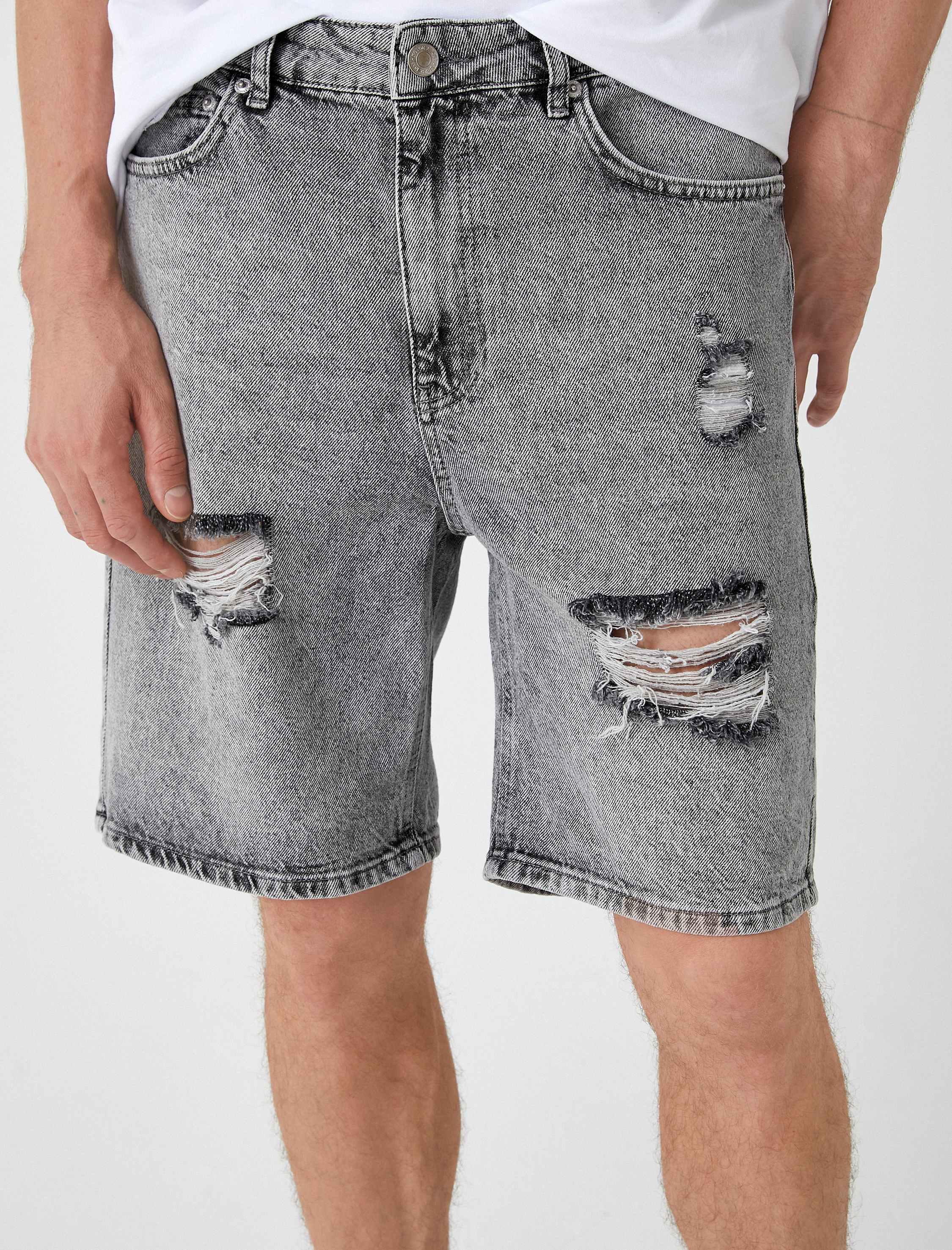 Oversize Kot Şort Bermuda Cepli Yıpratma Detaylı