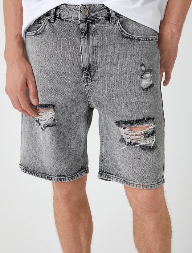 Oversize Kot Şort Bermuda Cepli Yıpratma Detaylı_4