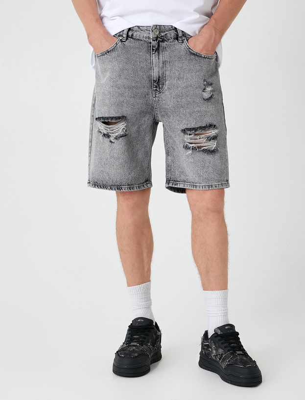 Oversize Kot Şort Bermuda Cepli Yıpratma Detaylı_2