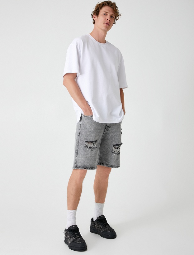 Oversize Kot Şort Bermuda Cepli Yıpratma Detaylı_0