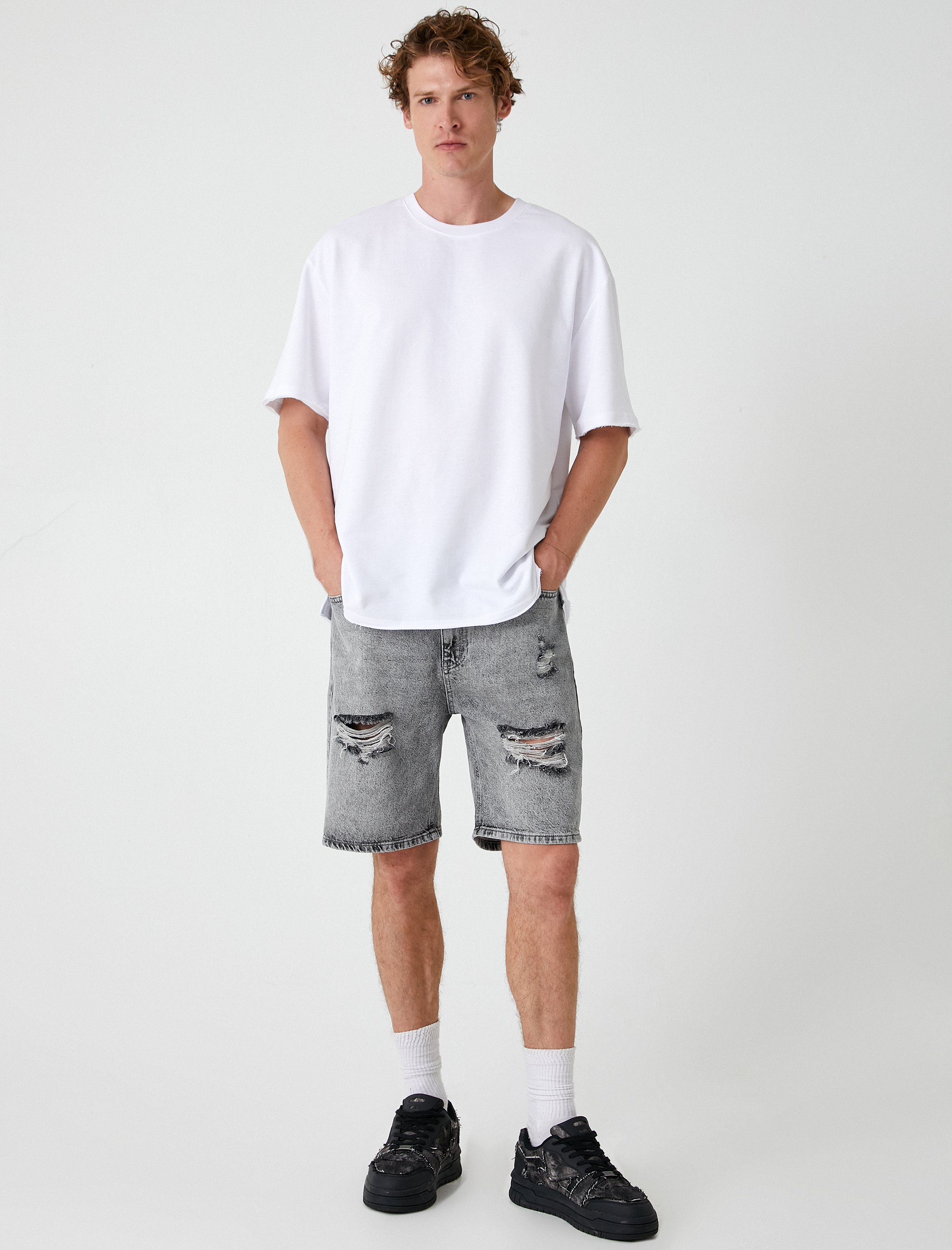 Oversize Kot Şort Bermuda Cepli Yıpratma Detaylı