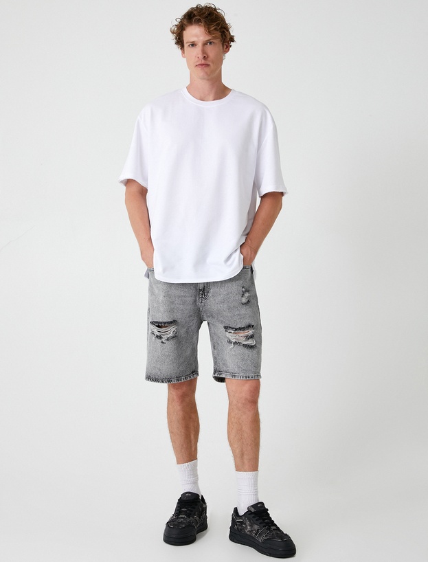 Oversize Kot Şort Bermuda Cepli Yıpratma Detaylı_1