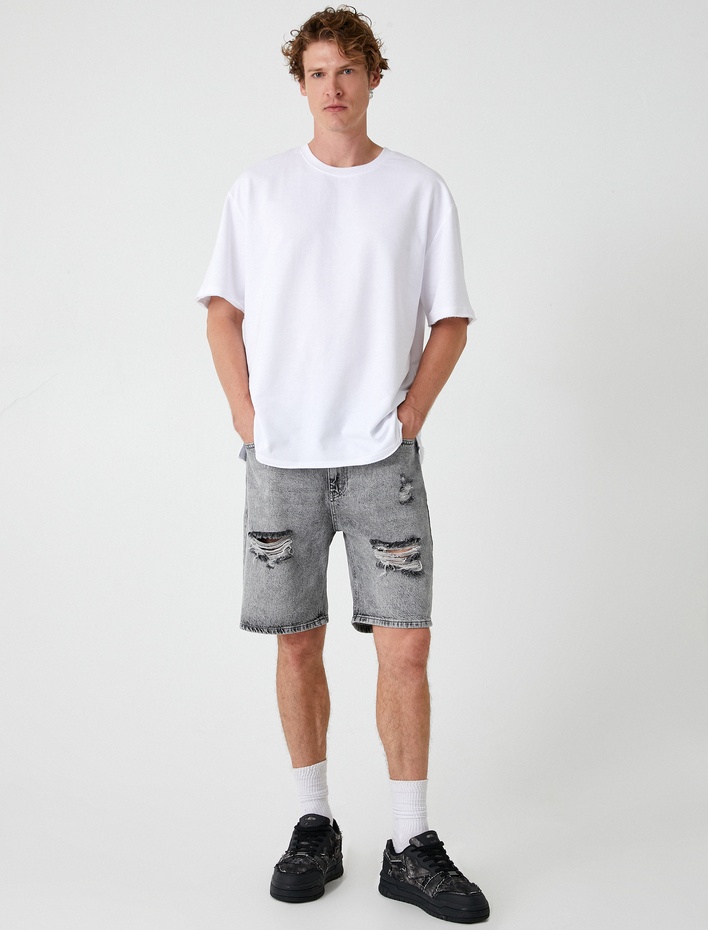  Oversize Kot Şort Bermuda Cepli Yıpratma Detaylı