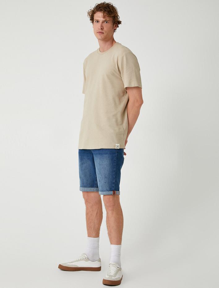  Slim Fit Kot Şort Cep Detaylı Katlamalı Paça Pamuklu