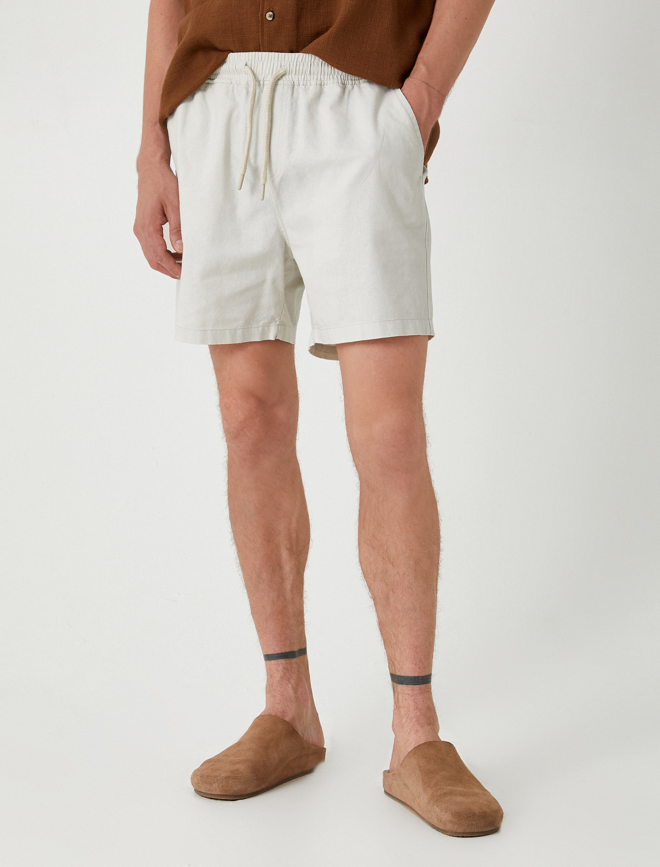 Bermuda Şort Pamuk Keten Karışımlı Beli Bağcıklı Cep Detaylı