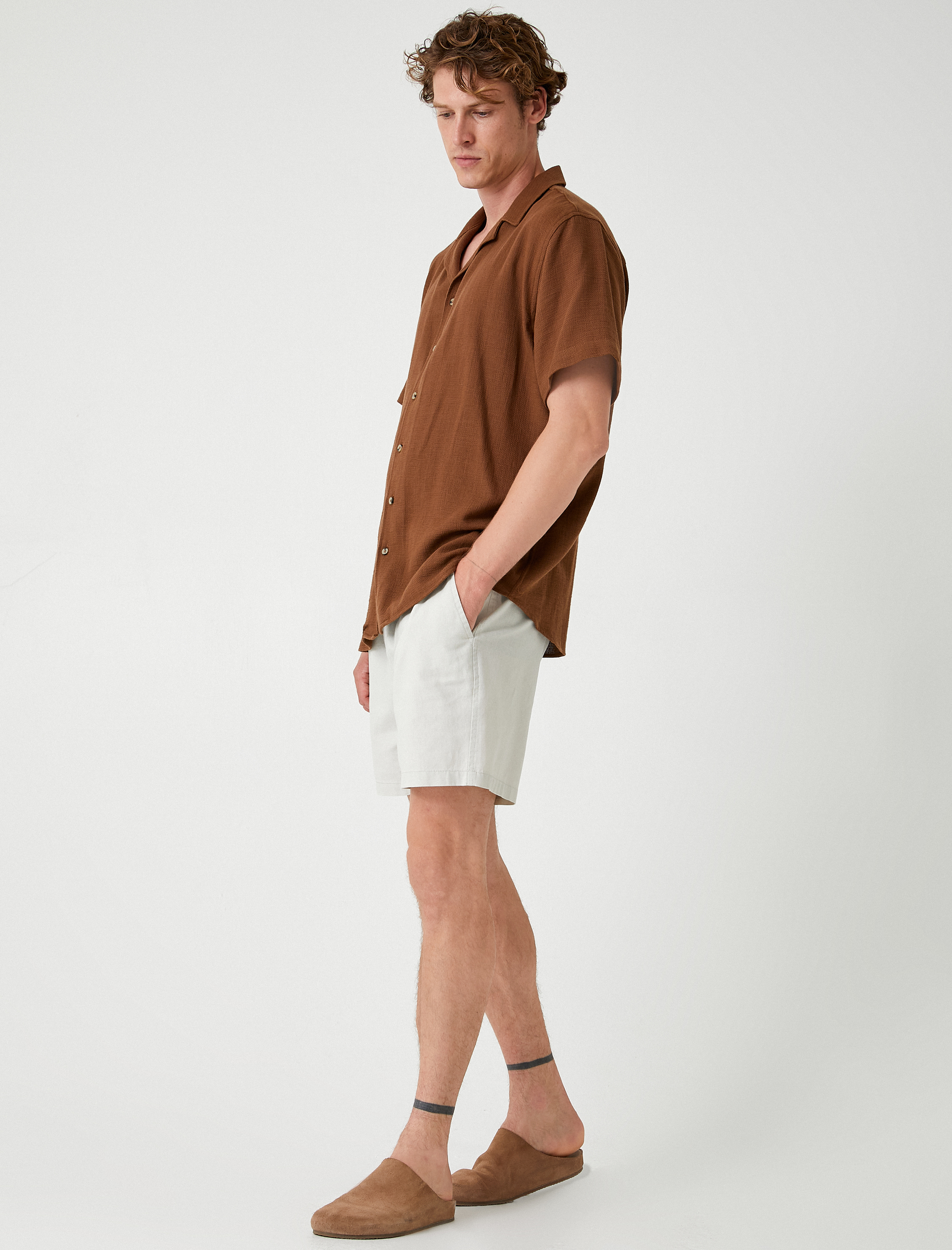 Bermuda Şort Pamuk Keten Karışımlı Beli Bağcıklı Cep Detaylı