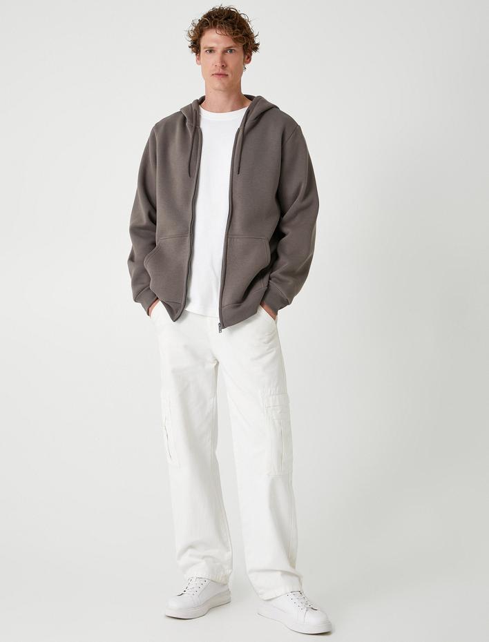  Cep Detaylı Şardonlu Fermuarlı Pamuklu Basic Kapşonlu Sweatshirt