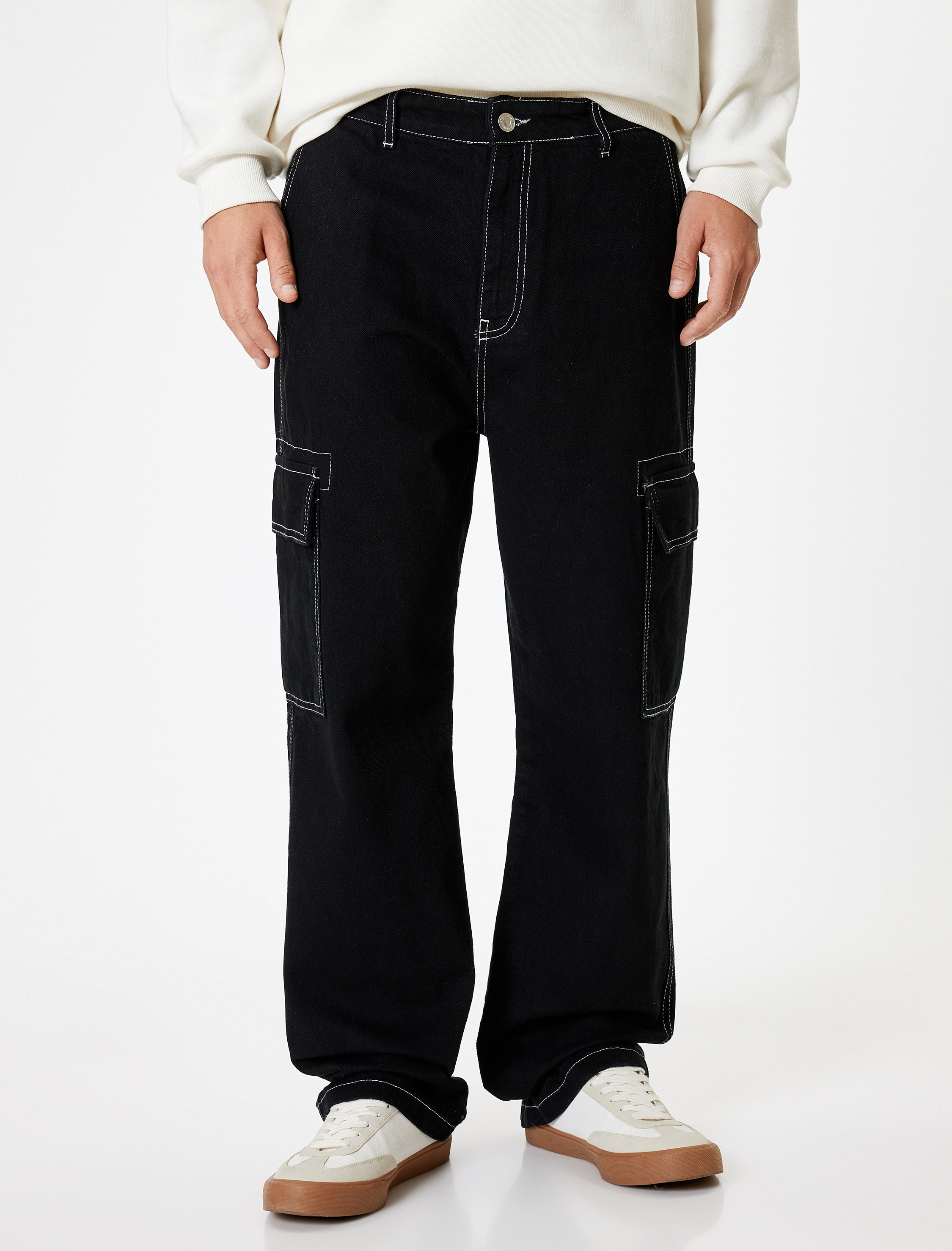   Oversize Cep Detaylı Pamuklu Kargo Kot Pantolon