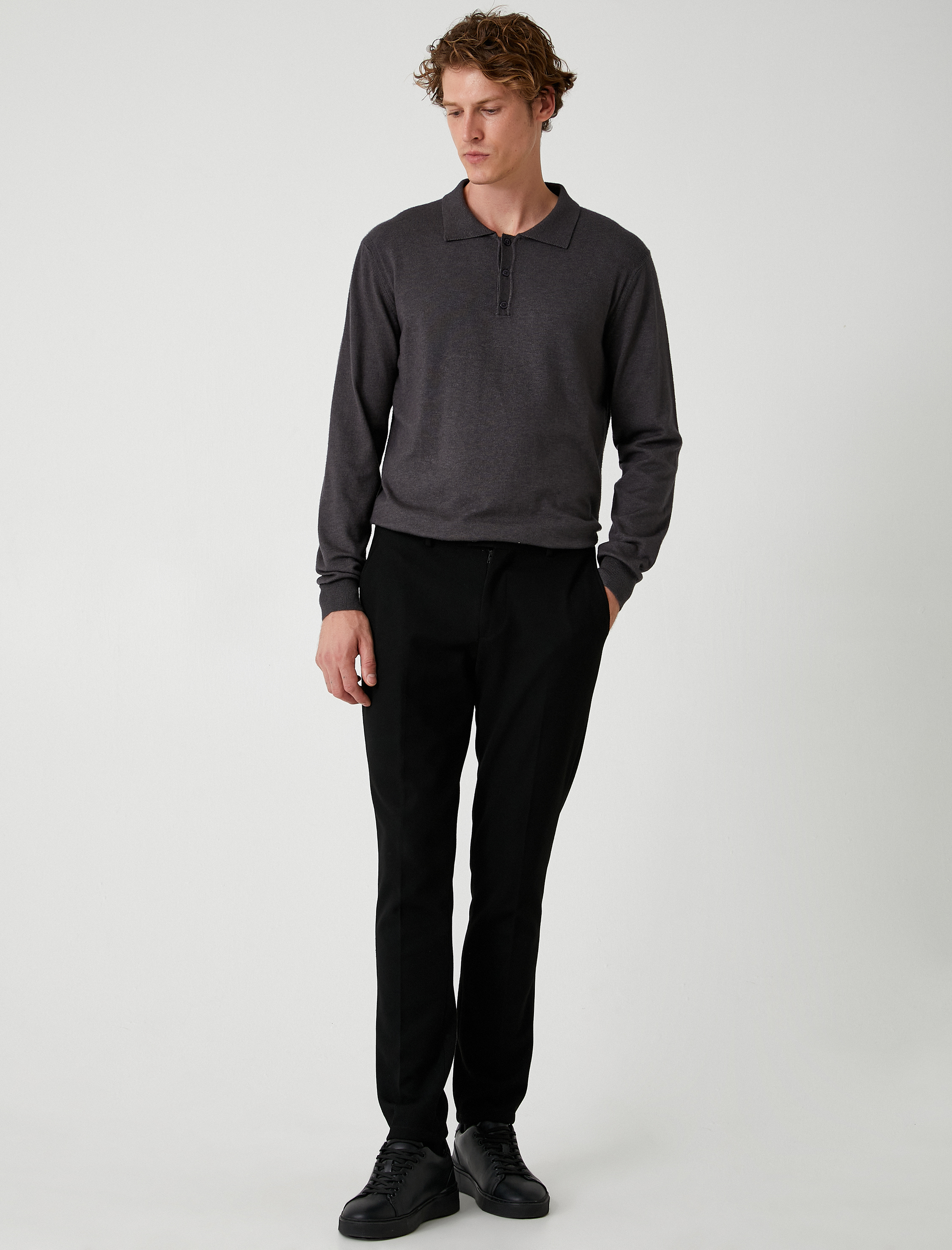   Polo Yaka Kazak Triko Basic Uzun Kollu Düğmeli