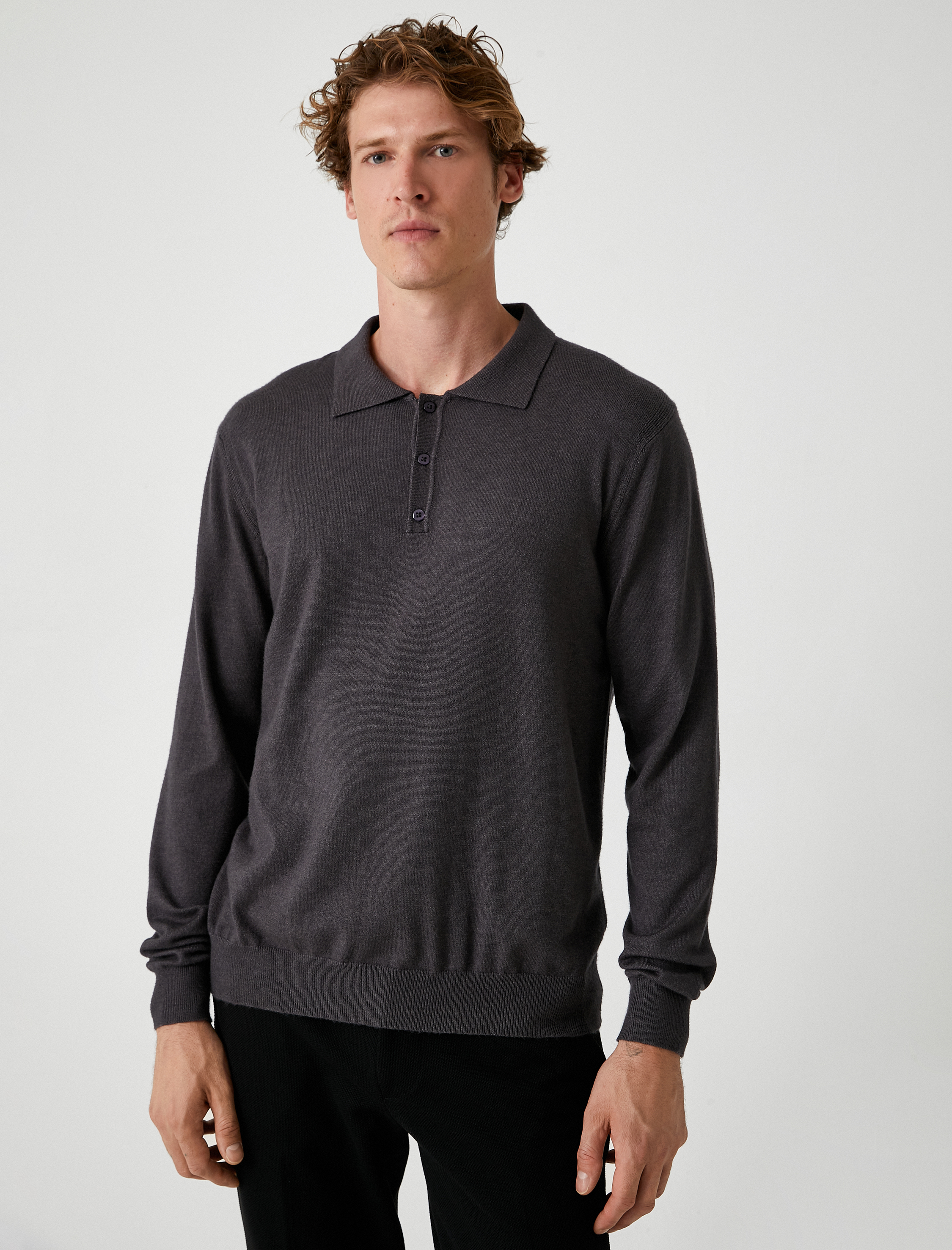   Polo Yaka Kazak Triko Basic Uzun Kollu Düğmeli