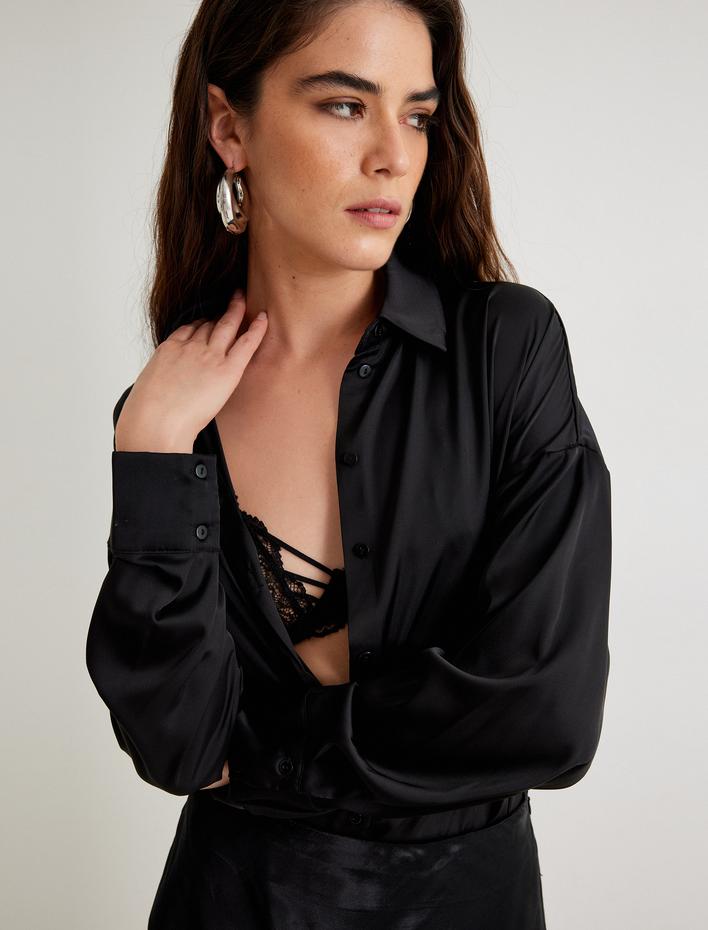  Saten Bluz Uzun Kollu Gömlek Yaka