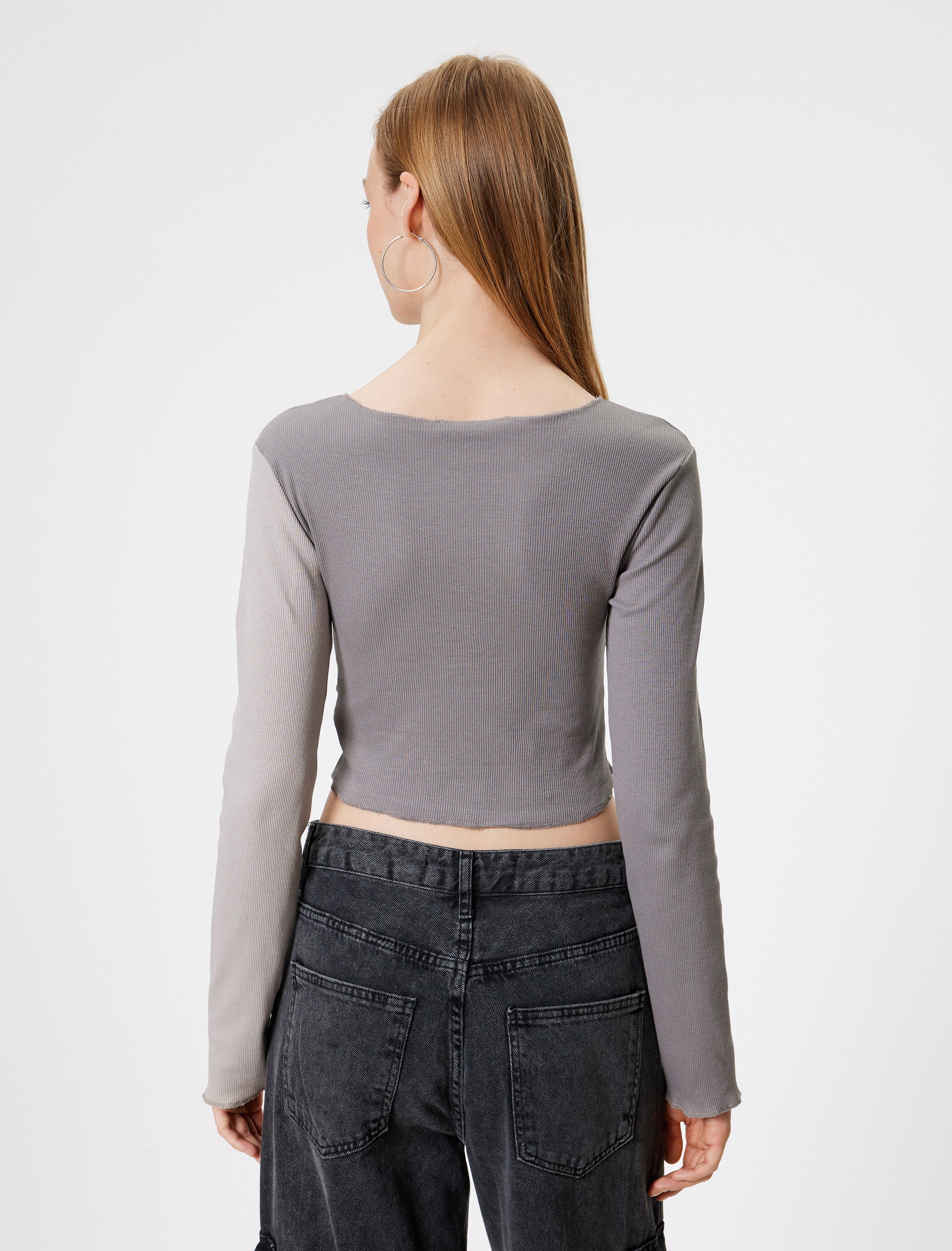   Crop Tişört Uzun Kollu Kaşkorse Renk Bloklu Nervürlü Slim Fit