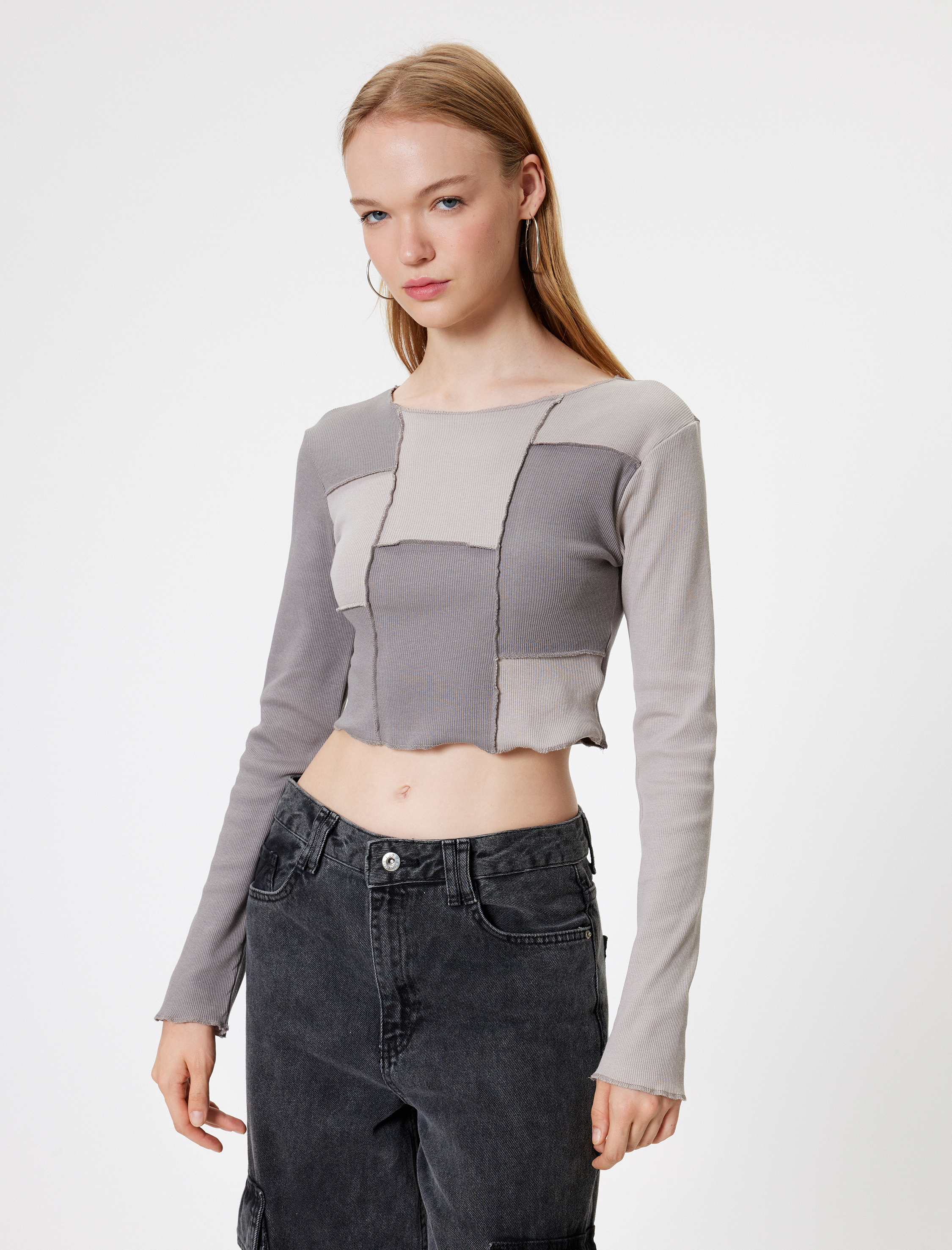   Crop Tişört Uzun Kollu Kaşkorse Renk Bloklu Nervürlü Slim Fit