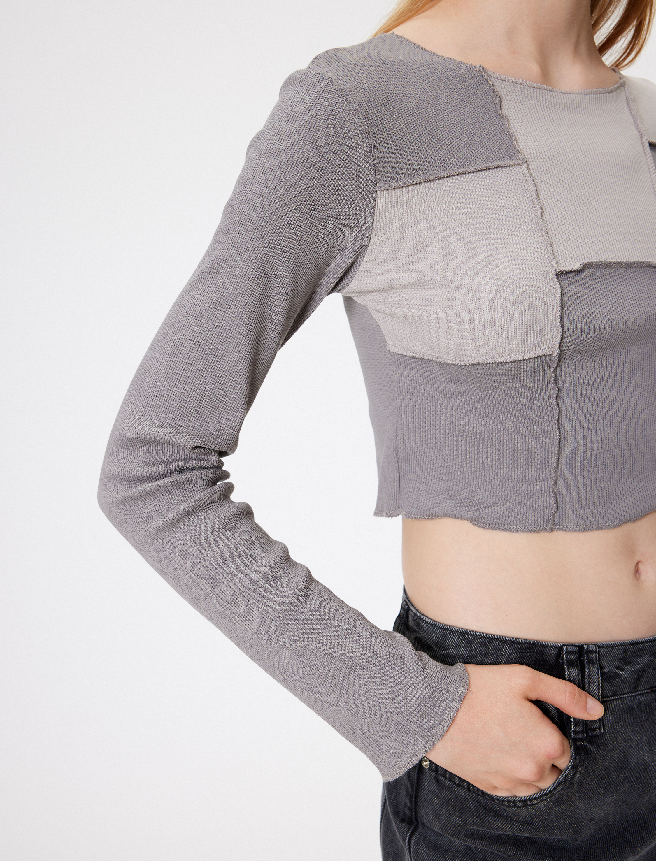   Crop Tişört Uzun Kollu Kaşkorse Renk Bloklu Nervürlü Slim Fit