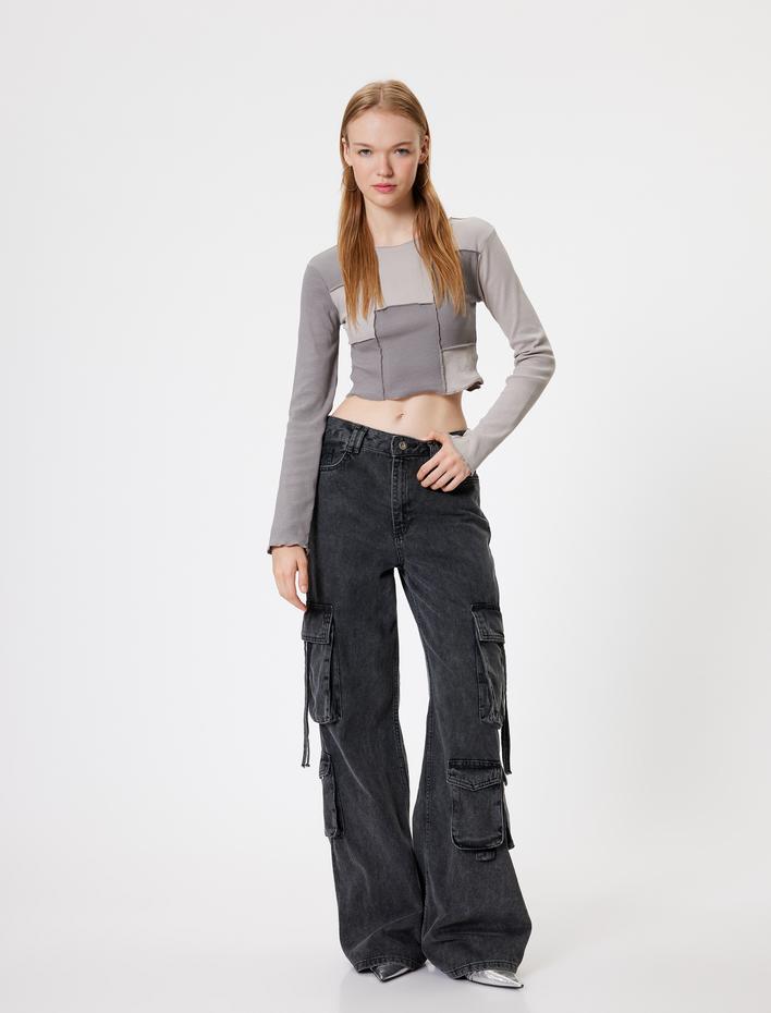  Crop Tişört Uzun Kollu Kaşkorse Renk Bloklu Nervürlü Slim Fit