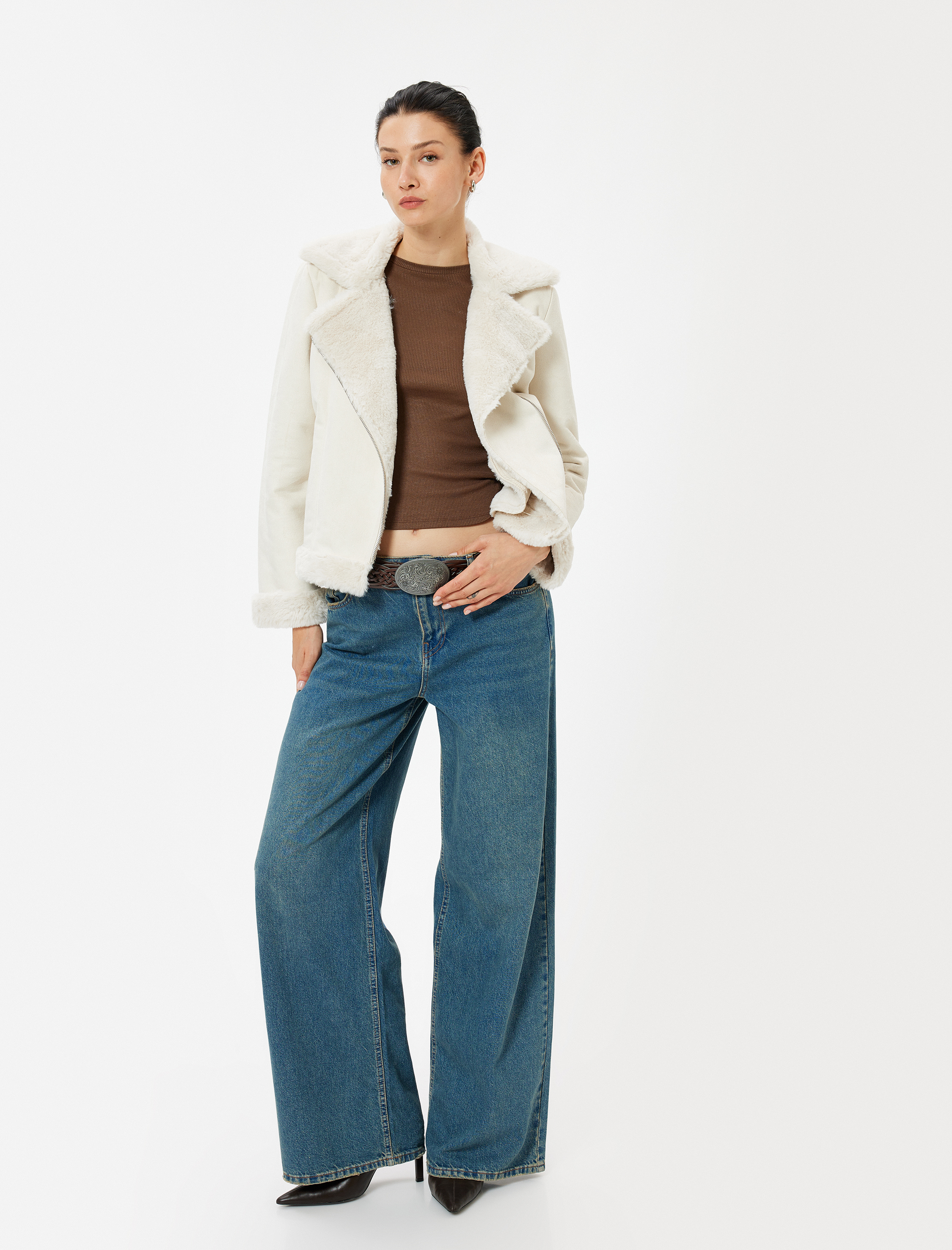 Suni Süet Biker Ceket Peluş Peluş Astarlı Fermuarlı