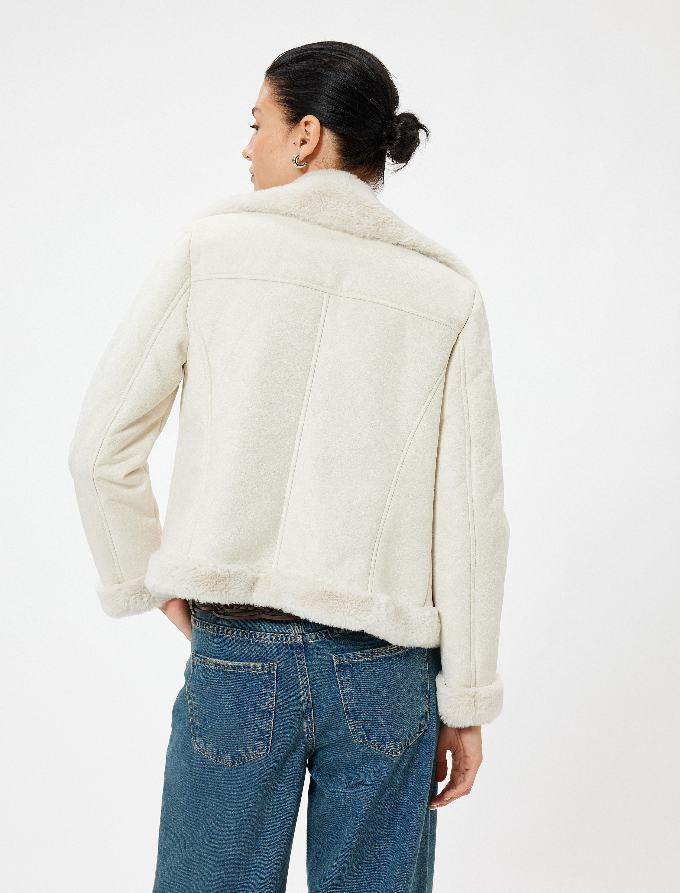 Suni Süet Biker Ceket Peluş Peluş Astarlı Fermuarlı