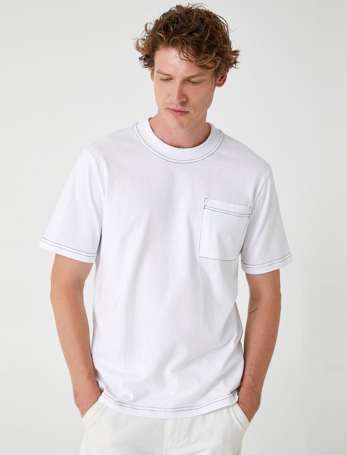  Kısa Kollu Tişört Bisiklet Yaka Dikiş Detaylı Cepli Pamuklu