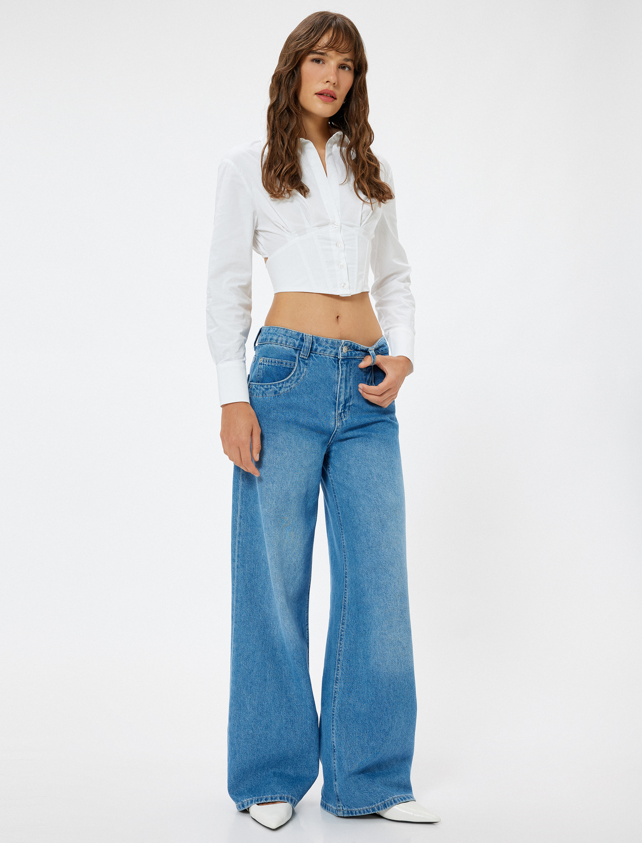 Uzun Kollu Pamuklu Slim Fit Korse Görünümlü Crop Poplin Gömlek