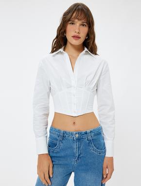 Korse Görünümlü Crop Poplin Gömlek Uzun Kollu Pamuklu Slim Fit_2