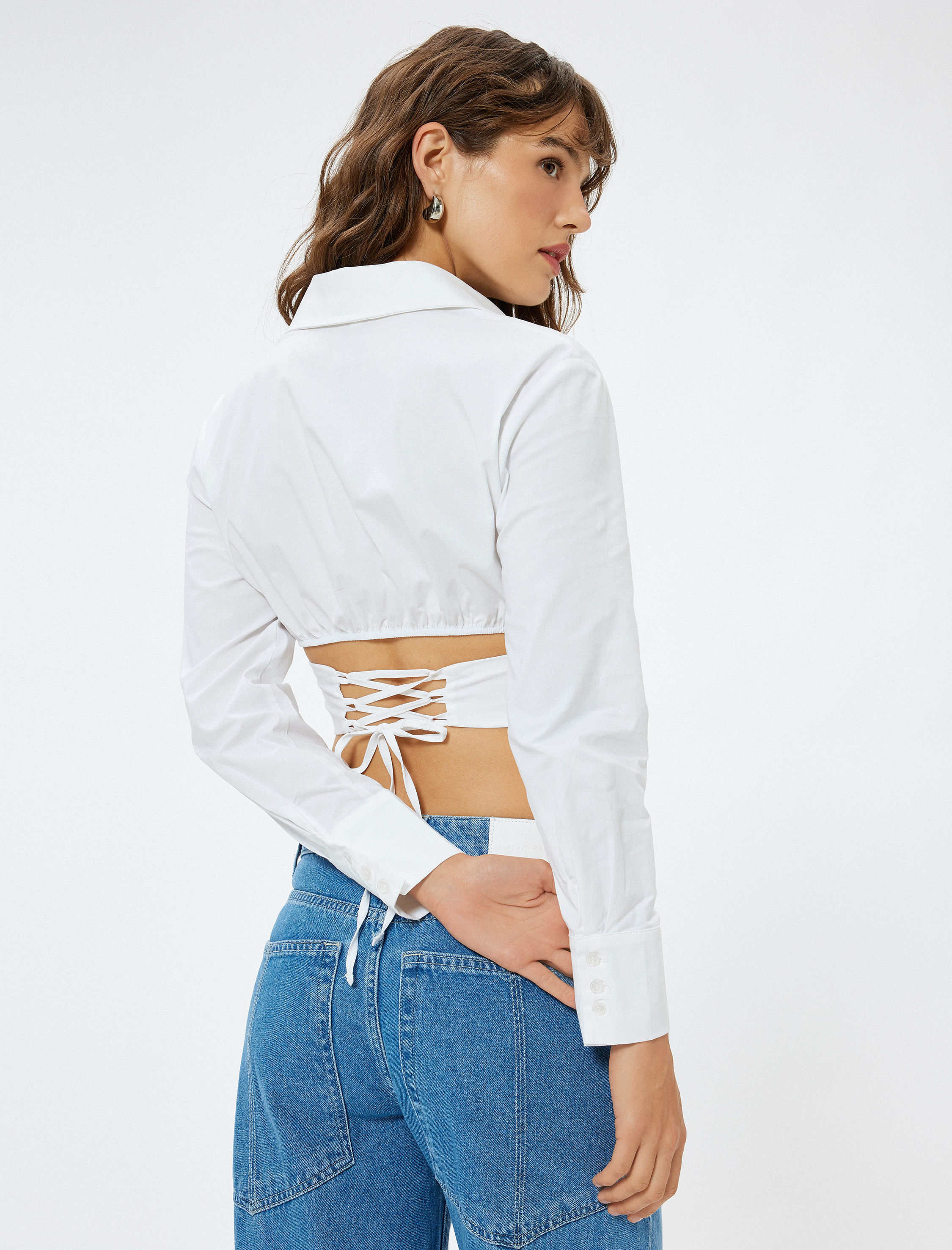 Uzun Kollu Pamuklu Slim Fit Korse Görünümlü Crop Poplin Gömlek
